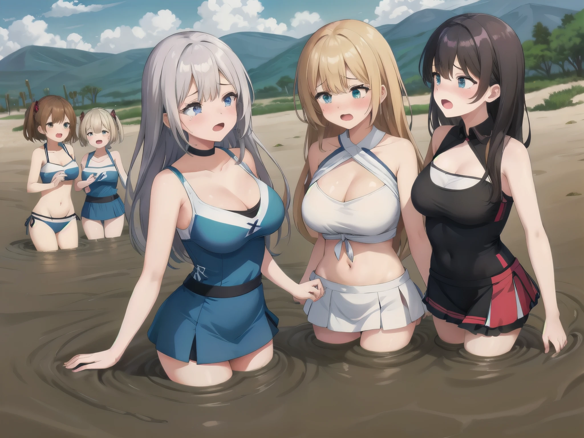 best quality, female, multiple girls, group tied up, group submerged, front view, muddy,  cheerleaders, cleavage, large breasts, wasteland, desert, best quality, sinking, quicksand, 6girls, crowded, close up, sand, slender, 6 girls, tears, blush, drowning, waist deep, 6 girls in quicksand, top, desertscape, 6girls together, scream, struggling, 6 girls drowning, 6 girls wrapped by quicksand, aichan, klaudia valentz