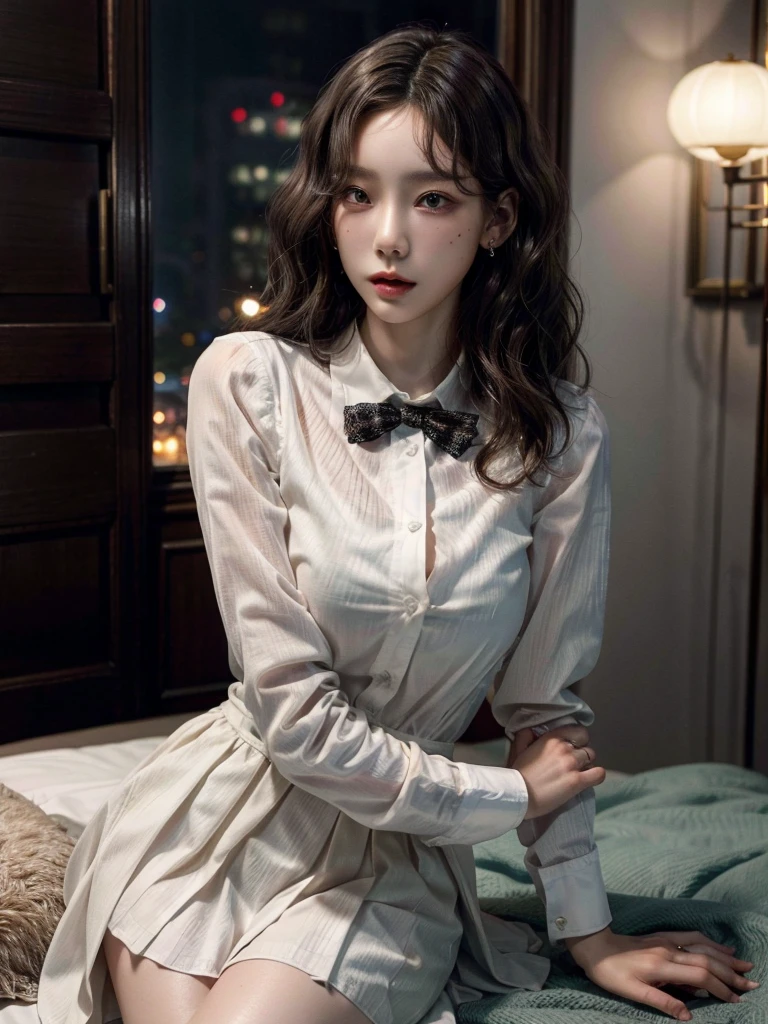 absurdres, RAW photo, extremely delicate and beautiful, masterpiece, Best Quality, ultra high resolution, 32k, hyperrealistic, ultra-detailed, perfect anatomy, perfect figure, Perfect skin, super Detailed skin, muted coral blush, Closed mouth, 20 years old, very Slim body, narrow waist, very small head, very small face, delicate facial features, tearful mole, earring, thin legs, bare legs, (((very huge round breasts))), short medium hair, brown braid hair, ((wavy hair)), wet white shirt, pleated skirt, ((collared dress shirt)), hotel at night,(1girl:1.5), (Anatomically correct),