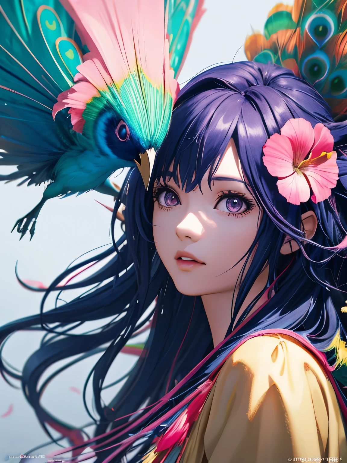 Girl with blue-pink hair and peacock feathers, inspired by Nari Hiko-kun, CGSociety, 🌺 Anime Style. 8k, Anime Style 3D, Popular with CGstation, 8k high quality detail art, Gubes-style artwork, Fantasy art style, Realistic anime 3D style, Anime inspiration, Anime Style mixed with Fujifilm