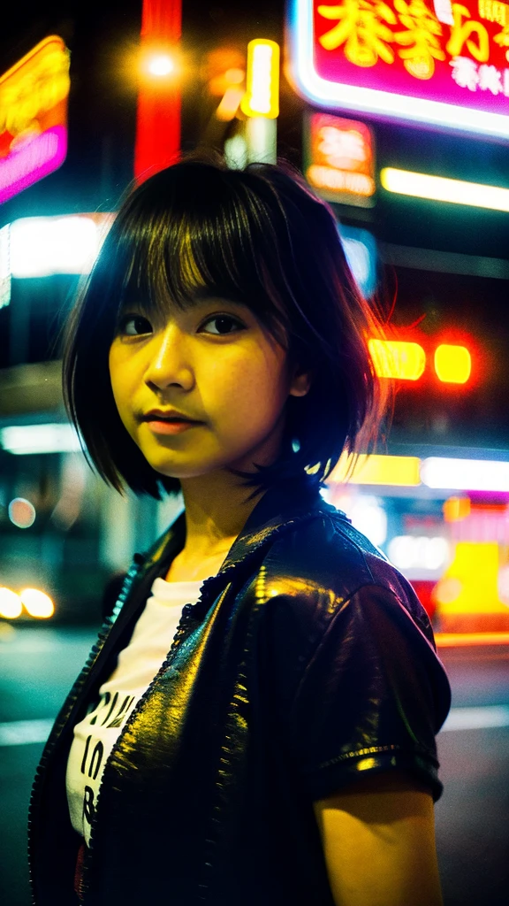Masterpiece, (best quality:1.4), ultra high res, master photography, professional color grading, depth of fields, rule of third, 50mm, film grain, aoft lighting, (photorealistic:1.4), cinematic lighting, chromatic abberation, 1girl, short hair, wearing cyberpunk techwear costume, detailed face, detailed eyes, looking at viewer, front view, cowboy shot, Hong Kong street background, night, city light, blurry background, sfw