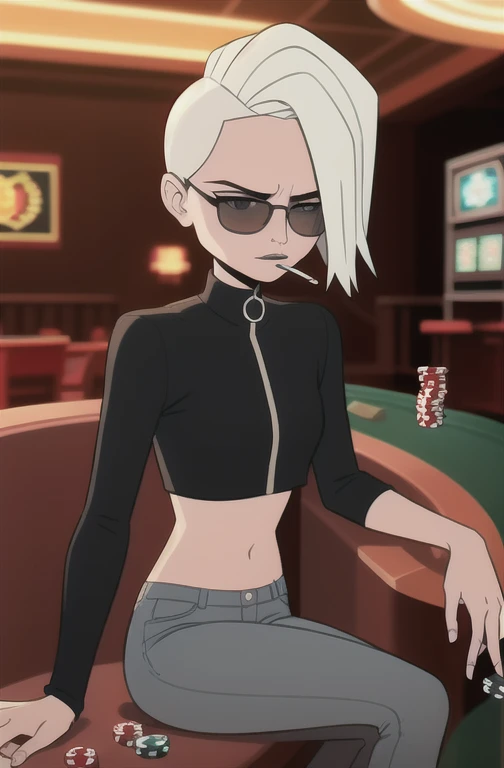 (dark theme:0.6), Glucose, 1 woman, mature and rough face, altushka, clear facial expression, One, short hair, in a black leather jacket, in black jeans, wearing sunglasses, sexuality, Long legs, High growth, bright sun, wound,  1.2), sitting in the VIP room on a chair, casino, plays poker, smokes a cigarette, holds a cigarette in his mouth, стол для рулетки в casino, chips, cards, держит две cards средним и указательным пальцами, White hair, pomade, decrease,  I look at the viewer, grey eyes, Sharp image, crop top, (HDR:1.22), Muted colors, complex background, Hyper detailed, art [[Jordan Grimmer]]