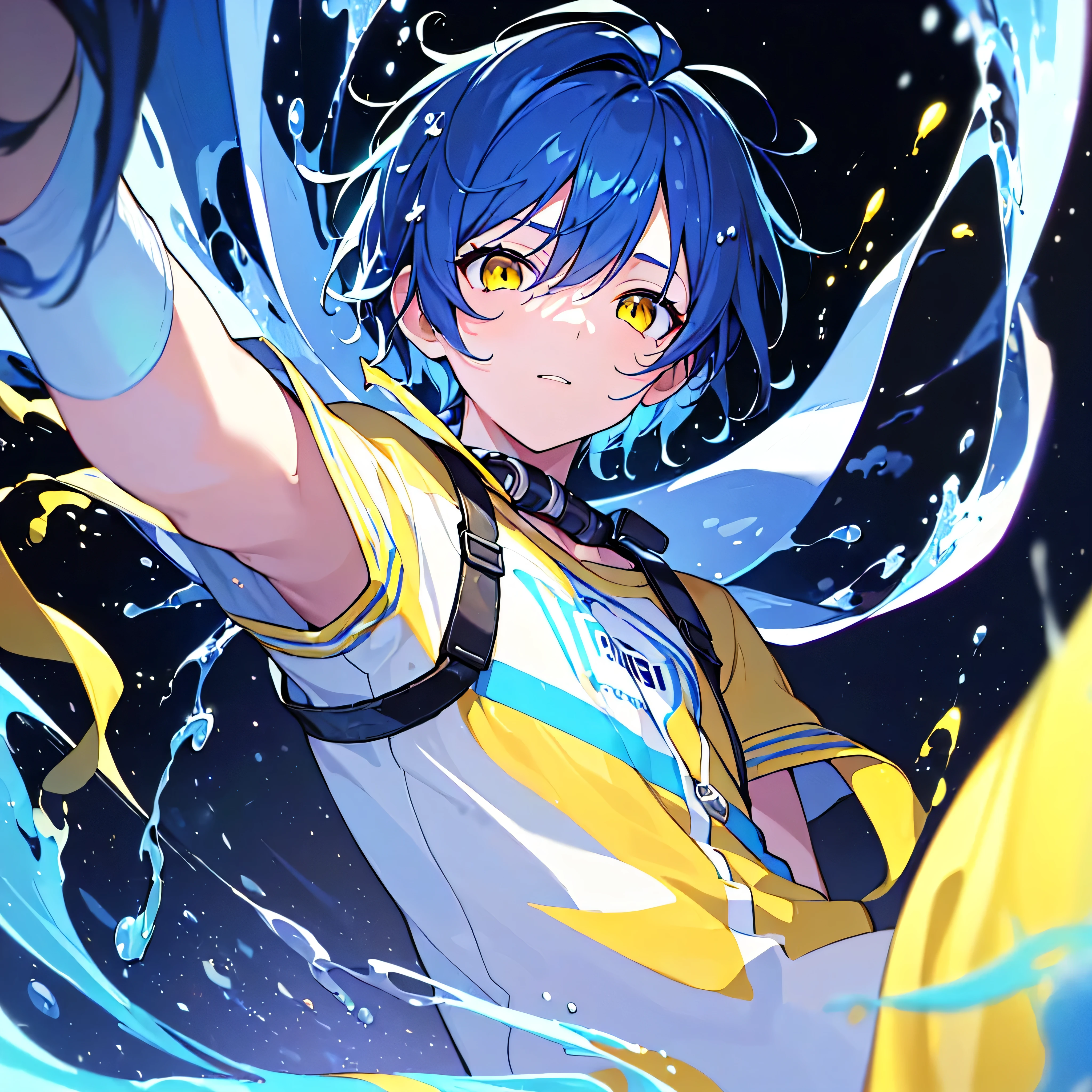[(BLACK BACKGROUND:1.5),::5], ((((masterpiece)))), high quality, very_high_resolution, large_filesize, upper body, full color, ((Solo)), ((younger boy)), 13 old year, short deepblue hair, vivid color, ((yellow eye)), Summer clothes white, animestyle, ((GALAXY effect)), (NeonSoda Splash effect:1.3)