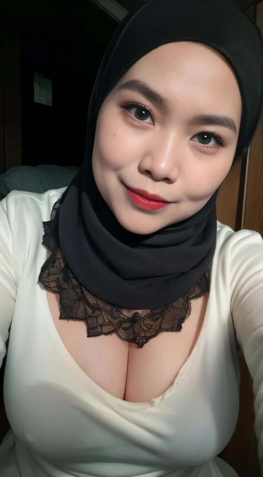 ((Old lady:1.8)), ((Lace)), (Happy smile), (((HIJAB MALAY GIRL))), masutepiece, High quality, UHD 32K, Realistic face, Realistic skin feeling , A Japanese Lady, 58 years old matured lady, , Very cute and baby-like face, (((FLAT CHEST))), (Night time at forest), ((look In front at the camera and SADNESS)), (((RED FLUORESCENT))), (((CUTE GIRL))), ((RED FLUORESCENT LIPS)), ((Floral Pattern)) little wearing strapless bra, strapless colorful bra, dark night background , black forest night, horror scary place, (huge saggy breast), ((HEAVY HUGE BREASTS)), (from behind up) seductive pose