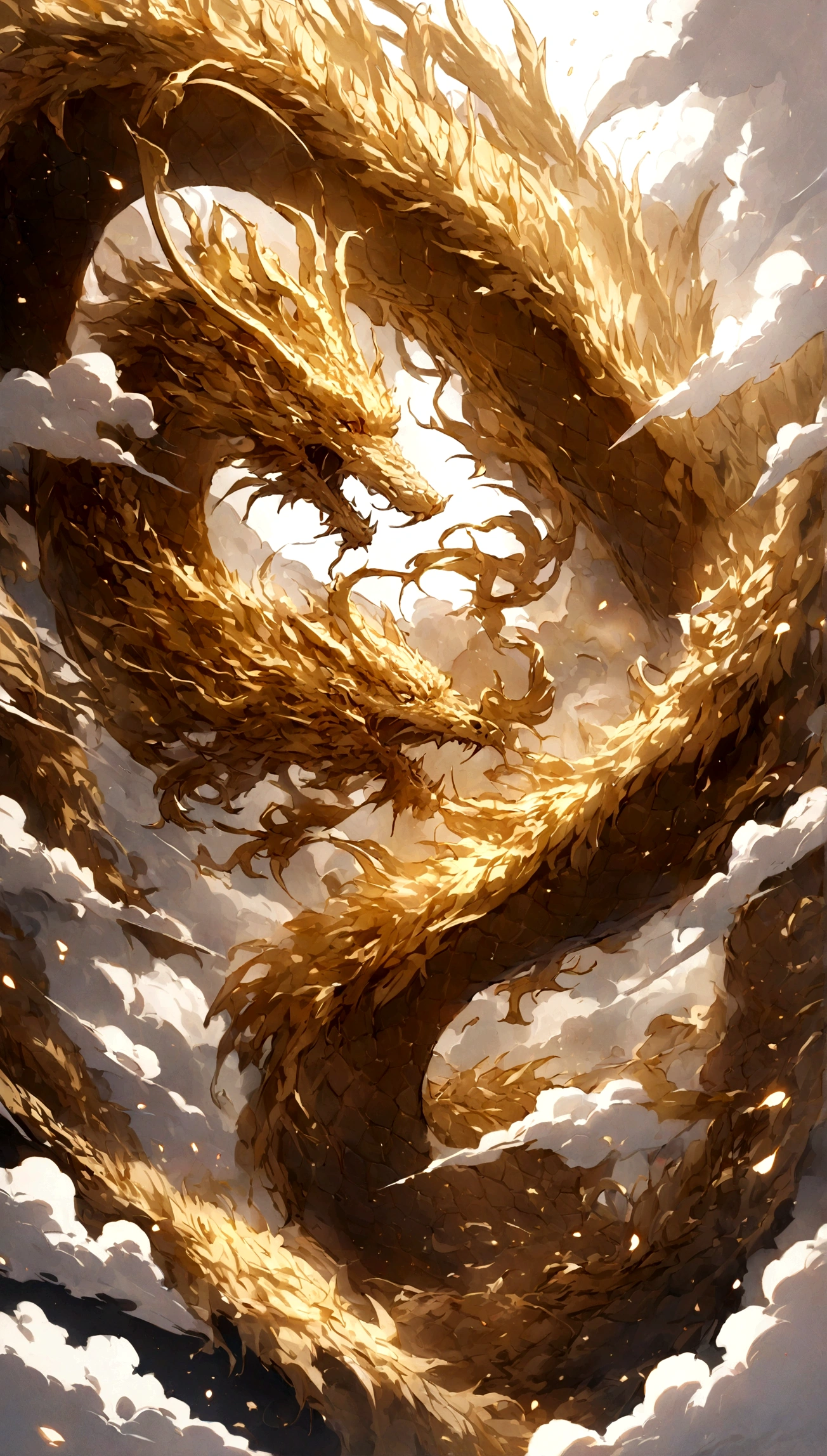 flag、masterpiece、(White background:1)、Golden Chinese dragon surrounded by white clouds、god々々Halo、Wind、god々、Long undulating body、overbite、Upper body、Fantastic、god話、high quality、Very detailed、masterpiece、amazing、Particle Effects、Dynamic Effects