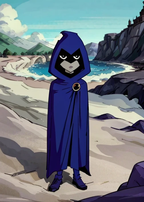 white raven, 1girl, solo, short hair, purple hair, hood, cape, colored skin, cloak, grey skin, forehead jewel, beach 
