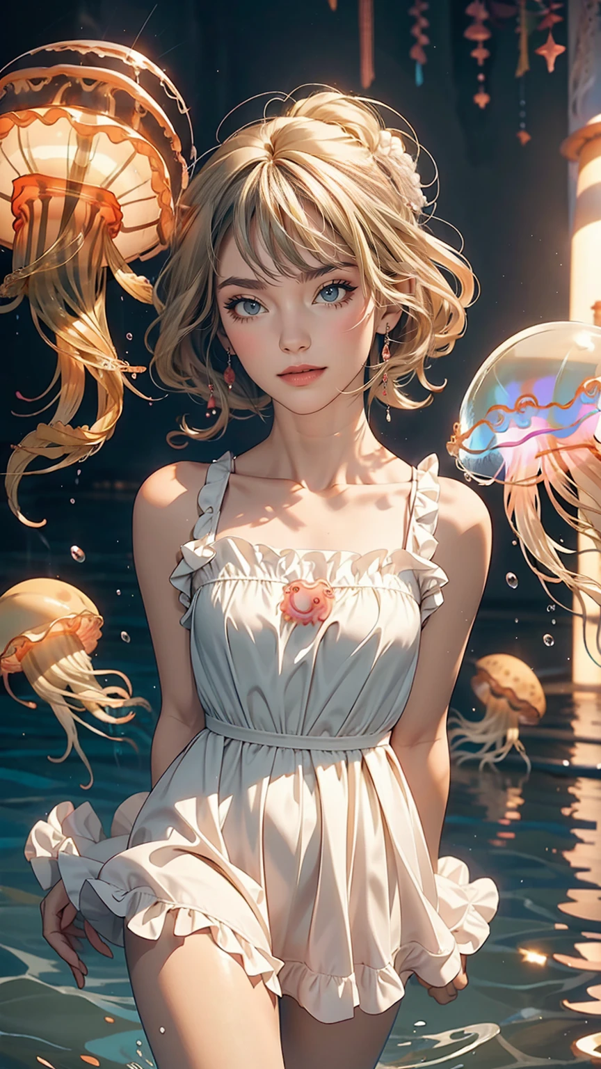 cute女の子、Yeah,Flat Chest,cute,(Jellyfish Girl:1.2), Put your arms behind your back,In the water,Ruffled Dress,sexy