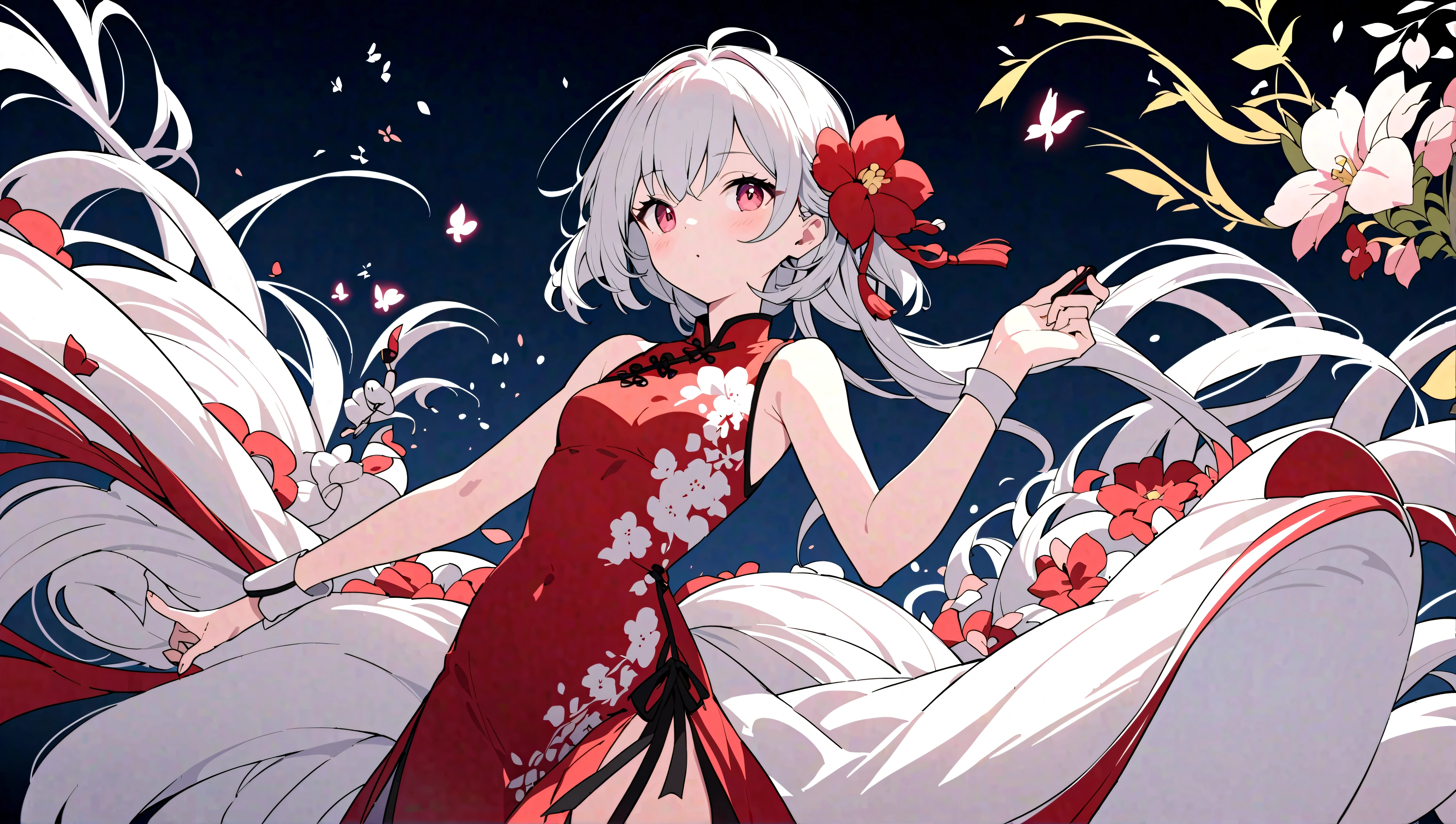1 Chinese style girl,white color hair,blossoms,Lixian flower,in the style of light pink and light azure,Dreamy romantic composition,white colors,ethereal foliage,playful arrangements,fanciful,hight contrast,Ink strokes,blasts,over exposure,Impression of purple and red tones,abstracted,((Watercolor by John Berkey and Jeremy Man))Brush Strokes,negative space,on cheongsam