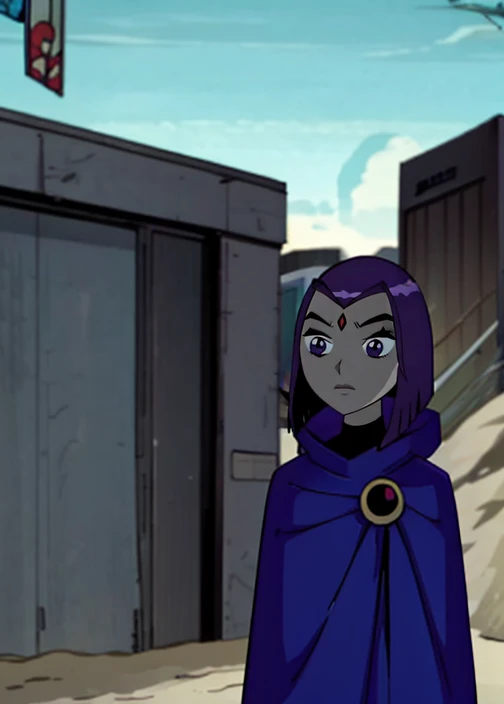 white raven, 1girl, solo, short hair, purple hair, hood, cape, colored skin, cloak, grey skin, forehead jewel, beach 
