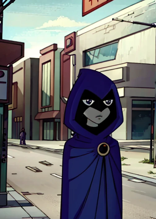 white raven, 1girl, solo, short hair, purple hair, hood, cape, colored skin, cloak, grey skin, forehead jewel, beach