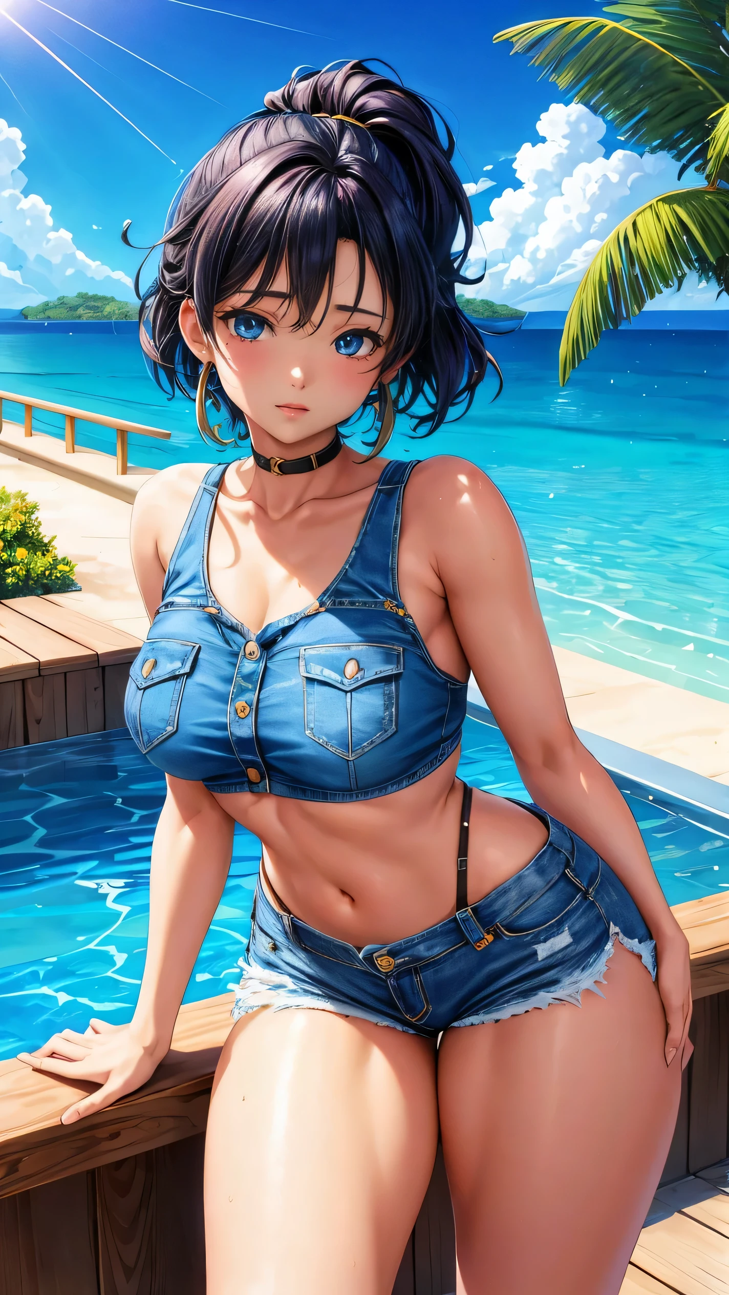 A solo  girl, adorned in a crop top and micro denim shorts, takes center stage in this modern adult anime style artwork. Her flat chest contrasts with her big booty and thick thighs, as she expresses a seductive and sensual pose. With her hands casually placed behind her back, her waist creates a pronounced cameltoe effect. The sun-kissed scene unfolds in and around a crystal-clear pool, with strong lineart and soft painting techniques employed to bring the image to life in high definition. Indulge in the vivid details of her sexual expression and sensual pose, as she exudes confidence and allure in every line and curve.