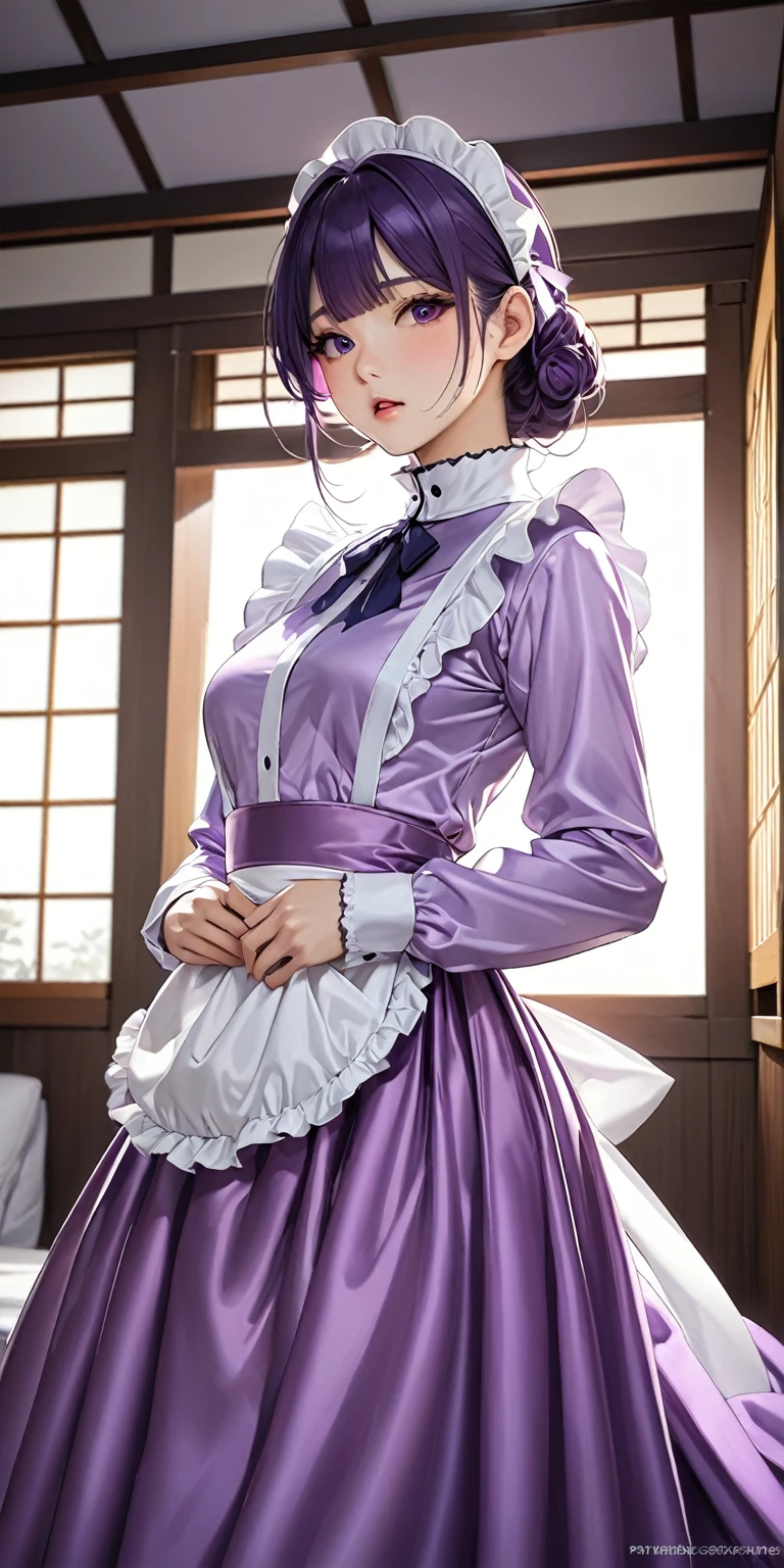 (masterpiece,highest quality,超A high resolution),Japanese women, (((Very beautiful 25 year old girl))), pretty girl、The maid uniform completely covers the whole body....、(Shiny light purple long sleeve maid dress)、High neck maid shirt、The upper body is completely covered by a satin shirt、Mermaid-style long skirt、Super glossy satin
