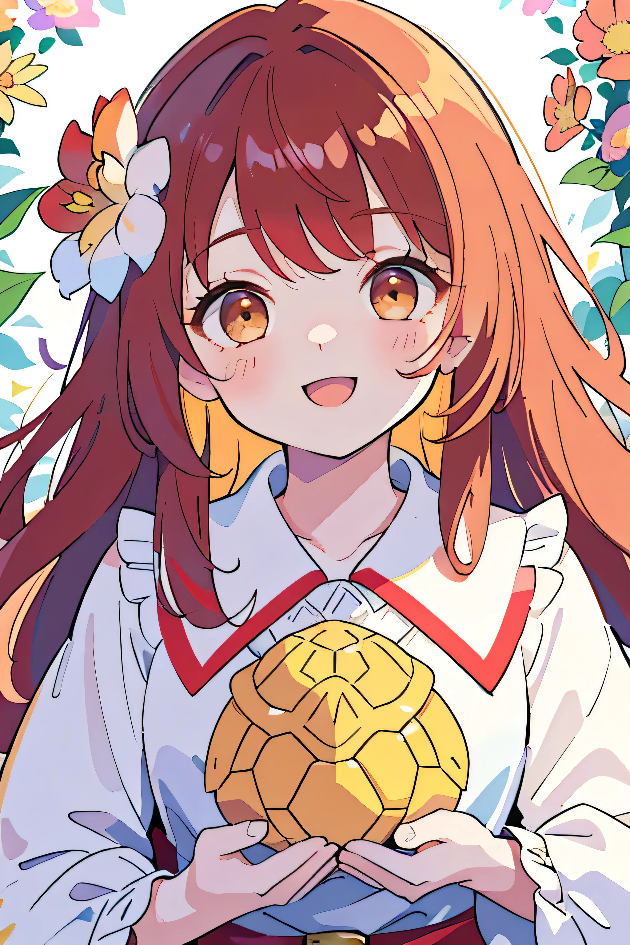 (best quality), (Super detailed),(masterpiece),(8K), (whole body: 1.2), 1 girl, small, Lovely, (Happy look),Smiling face with open mouth,(A colorful and Lovely flower garden:1.3), Lovely white winter clothes, black belt, blush, : 3,(Banguri and, (red hair:1.3),(Brown eyes:1.2),(Long hair, fluffy hair, lots of hair),(fluffy curls), (Delicate face), Beautiful and delicate eyelids,Lovely pose,(Jump cheerfully),(Close-up of face:1.0),(Colorful flower blizzard:1.2),(golden turtle:1.1),