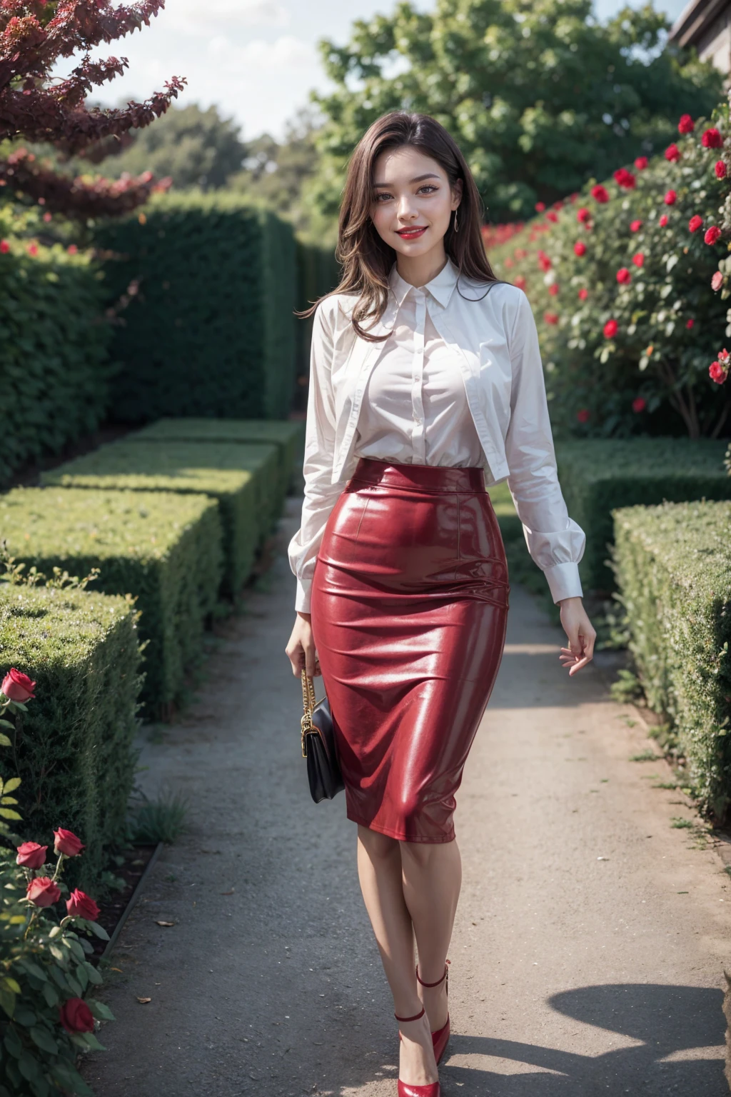 warm smile, sexy woman, dominant, boss, glamour, pencil skirt, lovely, red lips, walking, in a garden full of roses