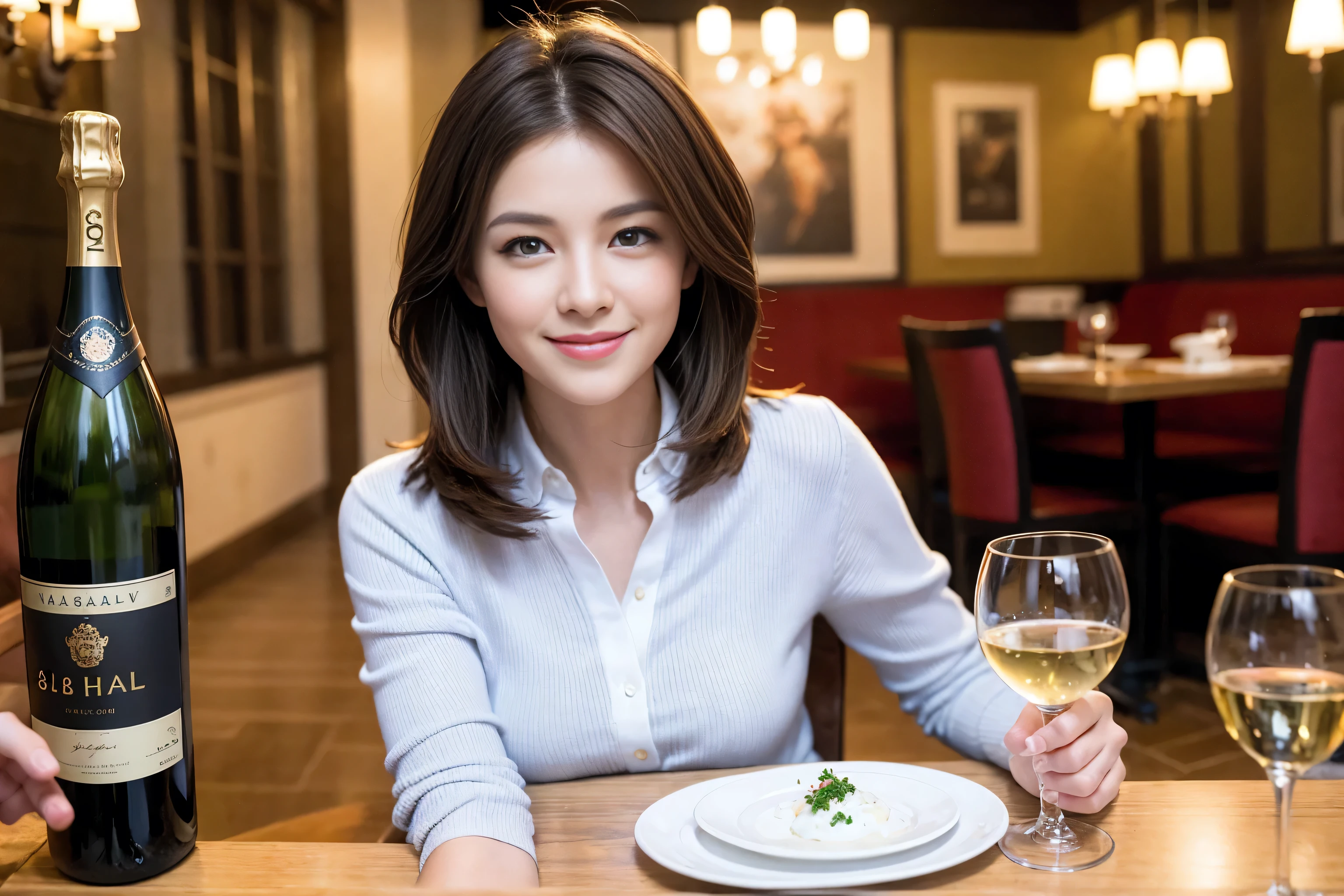 ((highest quality、8k、masterpiece:1.3))、1 male、1 female、Satomi Ishihara-like beautiful couple、Spouse、Couple、The body is slim、full-course dinner、((Bob Hale、Straight hair:1.2)), (Realistic, Intricate details:1.2), Wine glass on the table、Put the light on your face、 Amazing view of the sunset sky and clouds、Amazing mountain views、A bright smile、The wonderfulness of smile、Bright image、The beauty of wine, Beautiful Face, blue eyes, The light shines on your face, Blushing, short hair,Bright Face、 (Age 37), "41 years old, red wine 、Appetizers、Italian food、Wine bottle、Champagne、sparkling wine、Two beauties、Brown Hair、Shortcuts、Long sleeve shirt、dress、Pretty Woman 1, (Slim face), (The body is slim), (Brown Hair), (Shortcuts), cheeks turn a little red,Attractive beauty、restaurant, In a prominent place (From the waist up) Nova Frog Style, actress, model, Upper Body, White wine, slim, wine glass, A wine glass placed in the center, smile, (smile: 1.15), Beautiful fine grain, Depth f/2,saturation, High Contrast, Strong light and shadow,Moist Body:1.5、3D texture、Delicate eyes、Brown Hair、The hair is very shiny、