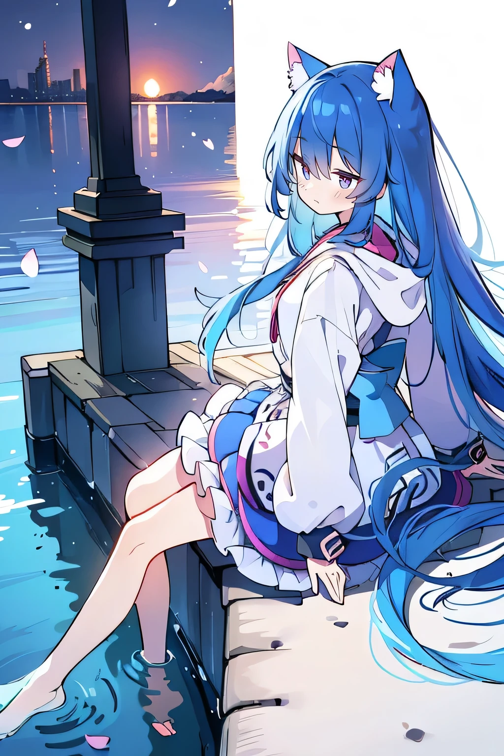 (masterpiece:1.2),Super detailed,lifelike,Expressive eyes,fair skin,perfect face shape,1 girl,
Japanese comics,Gorgeous blue hair,flowing blue hair,flowing clothes,Cat ears,Petals fall,beautiful lola,Baby Angel,
Shaking head with one hand,Cross your legs,Gentle and peaceful background,The pavilion is cool and comfortable,smile, wearing hoodie, background of tokyo,back views,snowing, winter,lie on the water.