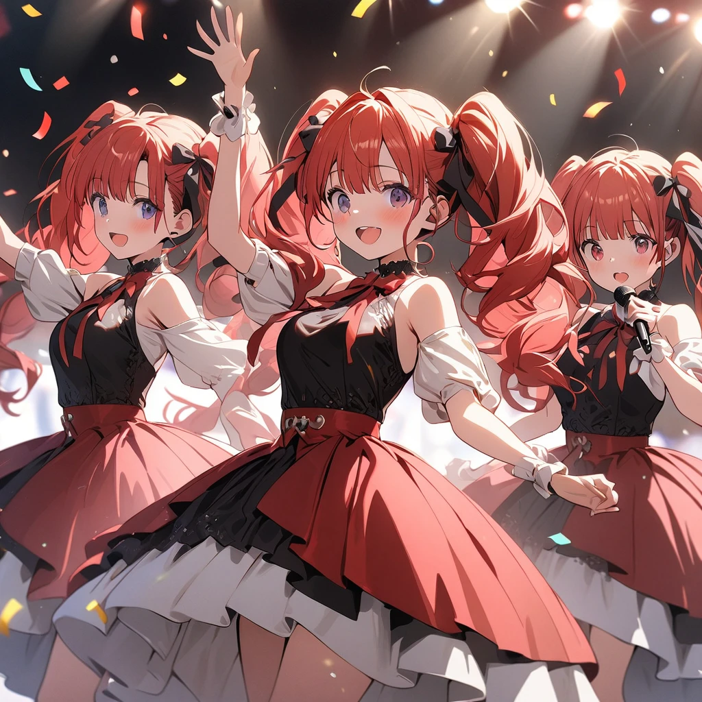 3 girls with red hair and twin tails 、Dancing in a theater from the Taisho era、( One person wearing an opera costume is holding a microphone and singing1.5), while two others are dancing and waving to the audience. , ,3girls' separate costume colors、 Lots of confetti and fantastic spotlights,,Dancing in a row,lots of confetti、Masterpiece, Best Quality,8k ultra detail