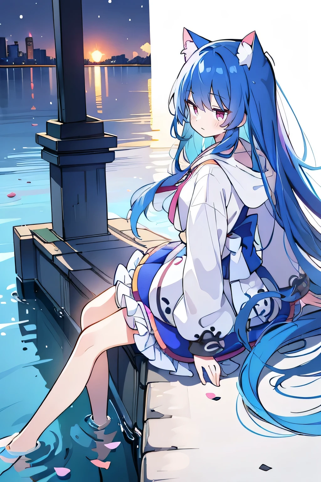 (masterpiece:1.2),Super detailed,lifelike,Expressive eyes,fair skin,perfect face shape,1 girl,
Japanese comics,Gorgeous blue hair,flowing blue hair,flowing clothes,Cat ears,Petals fall,beautiful lola,Baby Angel,
Shaking head with one hand,Cross your legs,Gentle and peaceful background,The pavilion is cool and comfortable,smile, wearing hoodie, background of tokyo,back views,snowing, winter,lie on the water.