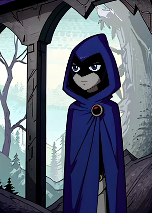 white raven, 1girl, solo, short hair, purple hair, hood, cape, colored skin, cloak, grey skin, forehead jewel, below, forest 
