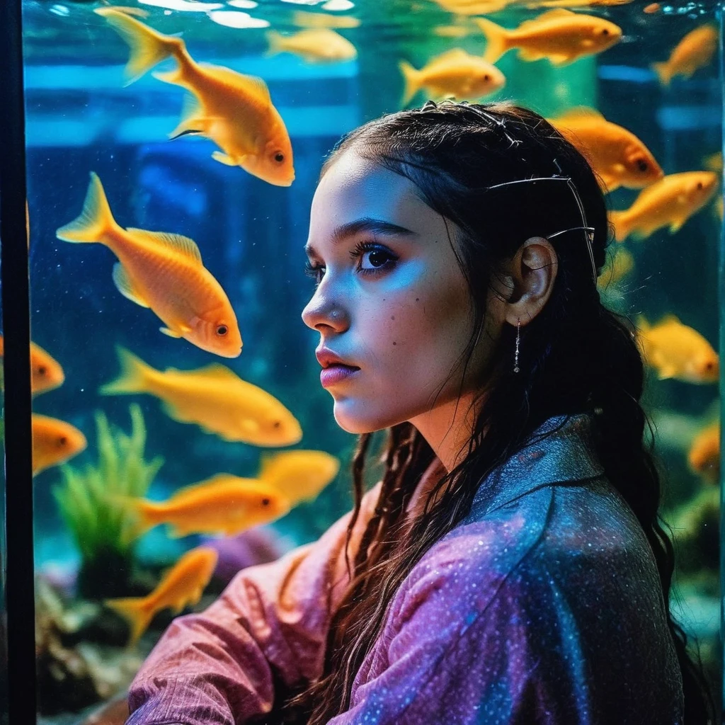 professional fashion close-up portrait photography of a young beautiful ((ohwx woman)) at aquarium during Evening, Nikon Z9