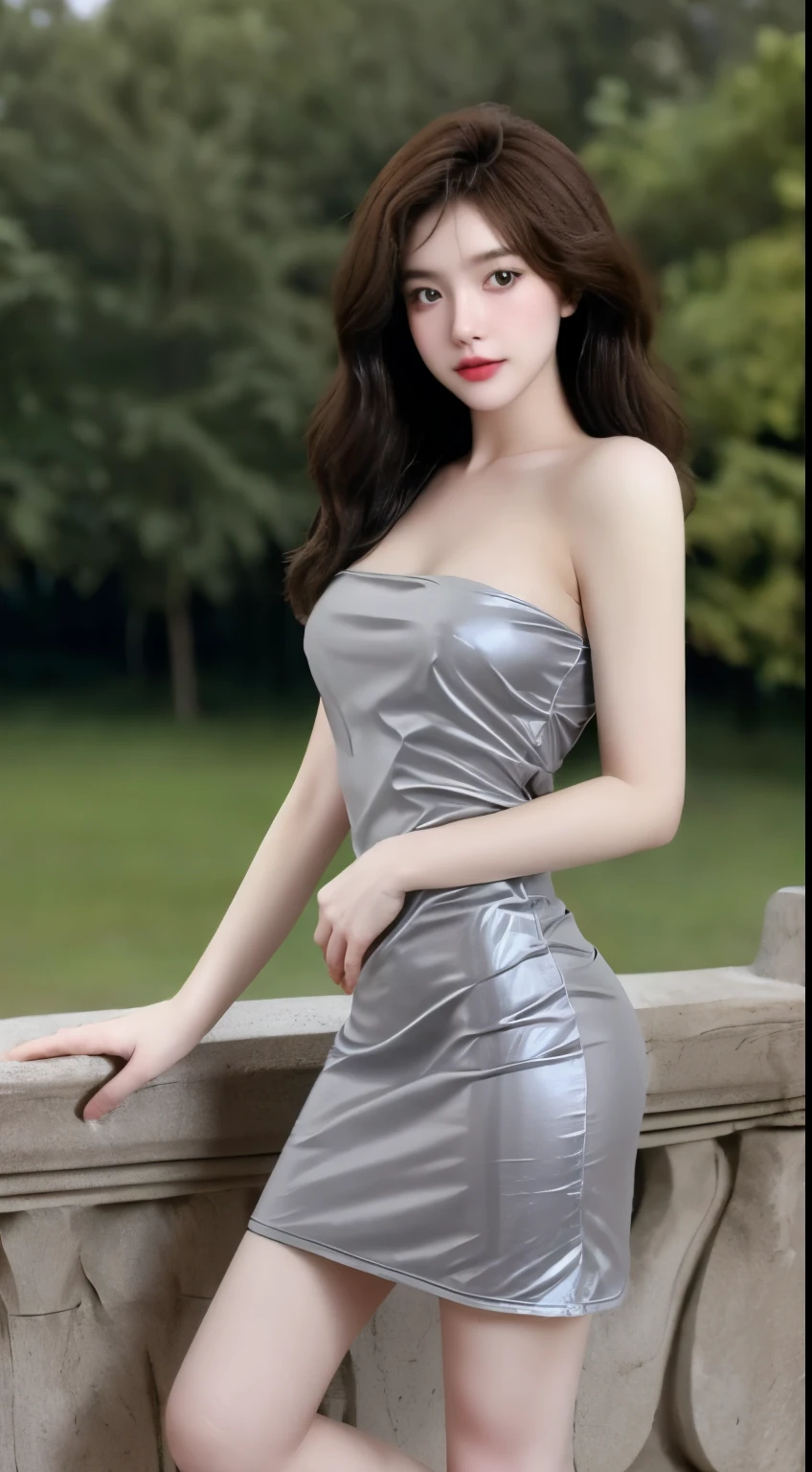 best quality,HDR,UHD,8K,Vivid Colors,solo,medium-shot,(1girl:1.5),(standing:1.3),from front,soft light,(looking at viewer:1.6),Elegant,detailed gorgeous face,(outdoors background:1.1),cowboy shot,rc,(grey dress:1.3),