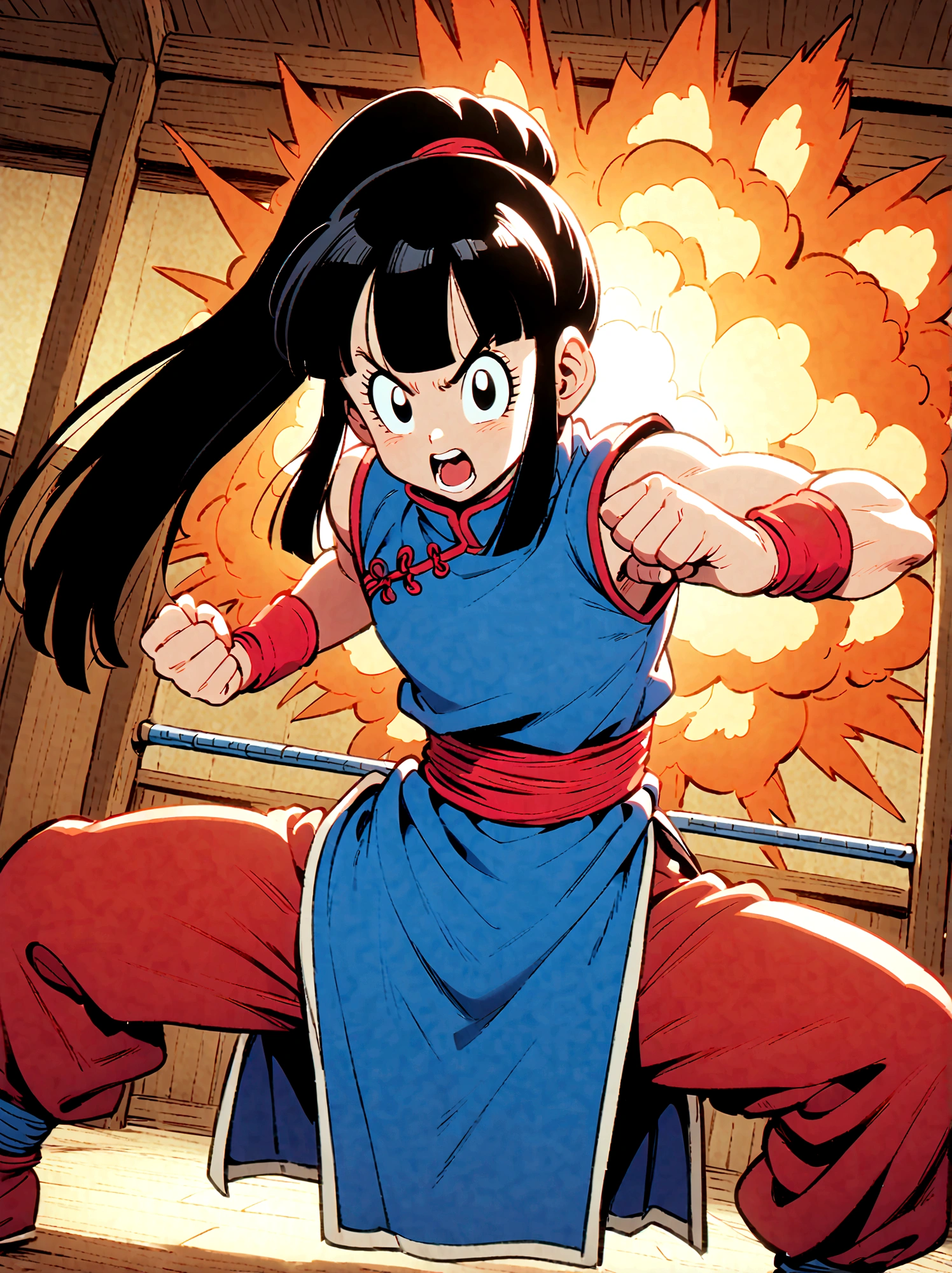 dragonballchichi, chi chi, black eyes, black hair, long hair, hime cut, blunt bangs, sidelocks,bare arms, blue dress, china dress, chinese clothes, dress, high collar, obi, pants, ponytail, red pants, red sash, red wristband, sash, side slit, sleeveless, sleeveless dress, wristband, indoors, dojo, fighting stance, open mouth, looking at viewer, dutch angle, cowboy shot, Looking at the audience，Dynamic poses，fighting，Explosion，Explosion Background，Martial arts tournament background