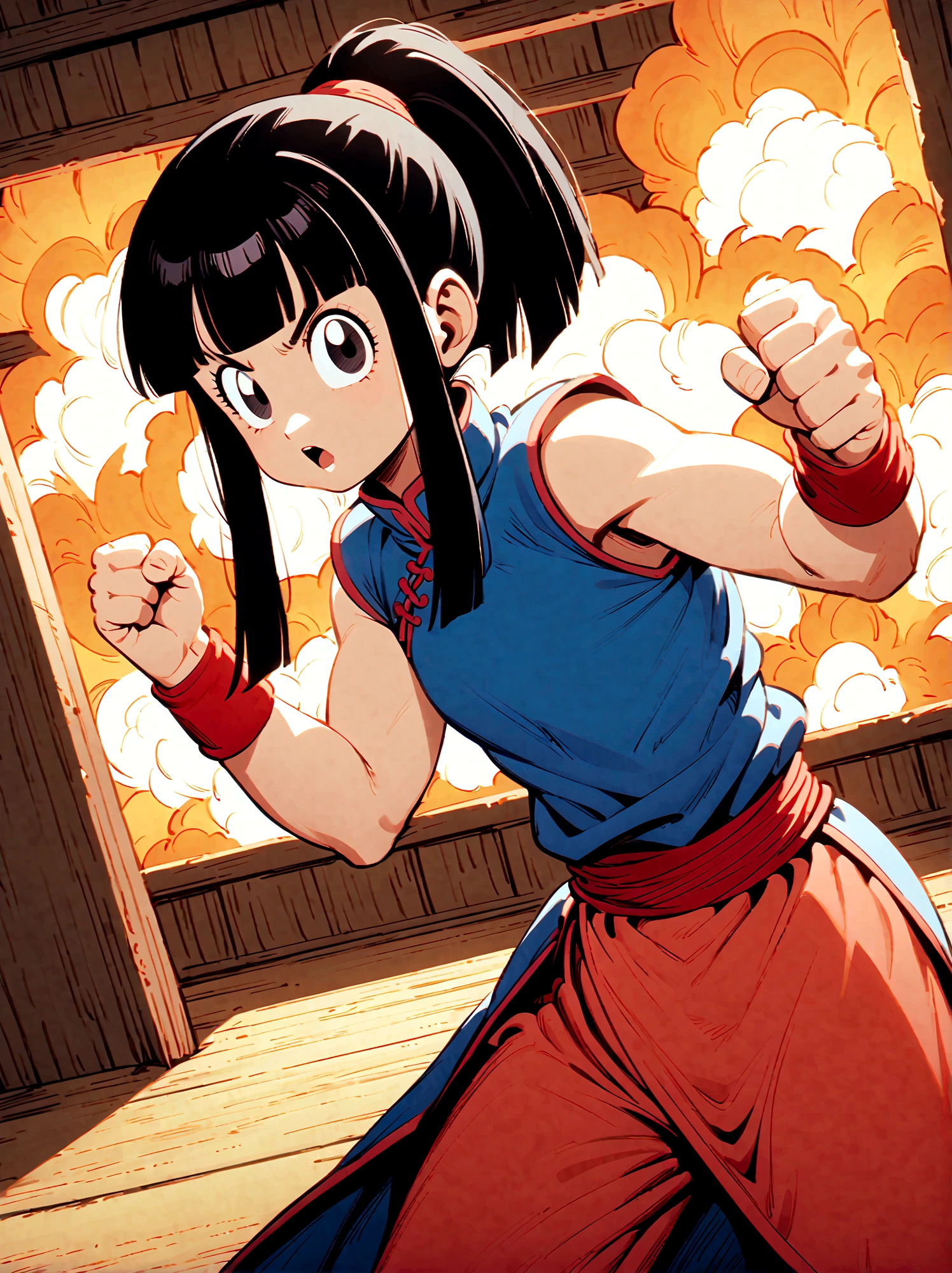 dragonballchichi, chi chi, black eyes, black hair, long hair, hime cut, blunt bangs, sidelocks,bare arms, blue dress, china dress, chinese clothes, dress, high collar, obi, pants, ponytail, red pants, red sash, red wristband, sash, side slit, sleeveless, sleeveless dress, wristband, indoors, dojo, fighting stance, open mouth, looking at viewer, dutch angle, cowboy shot, Looking at the audience，Dynamic poses，fighting，Explosion，Explosion Background，Martial arts tournament background