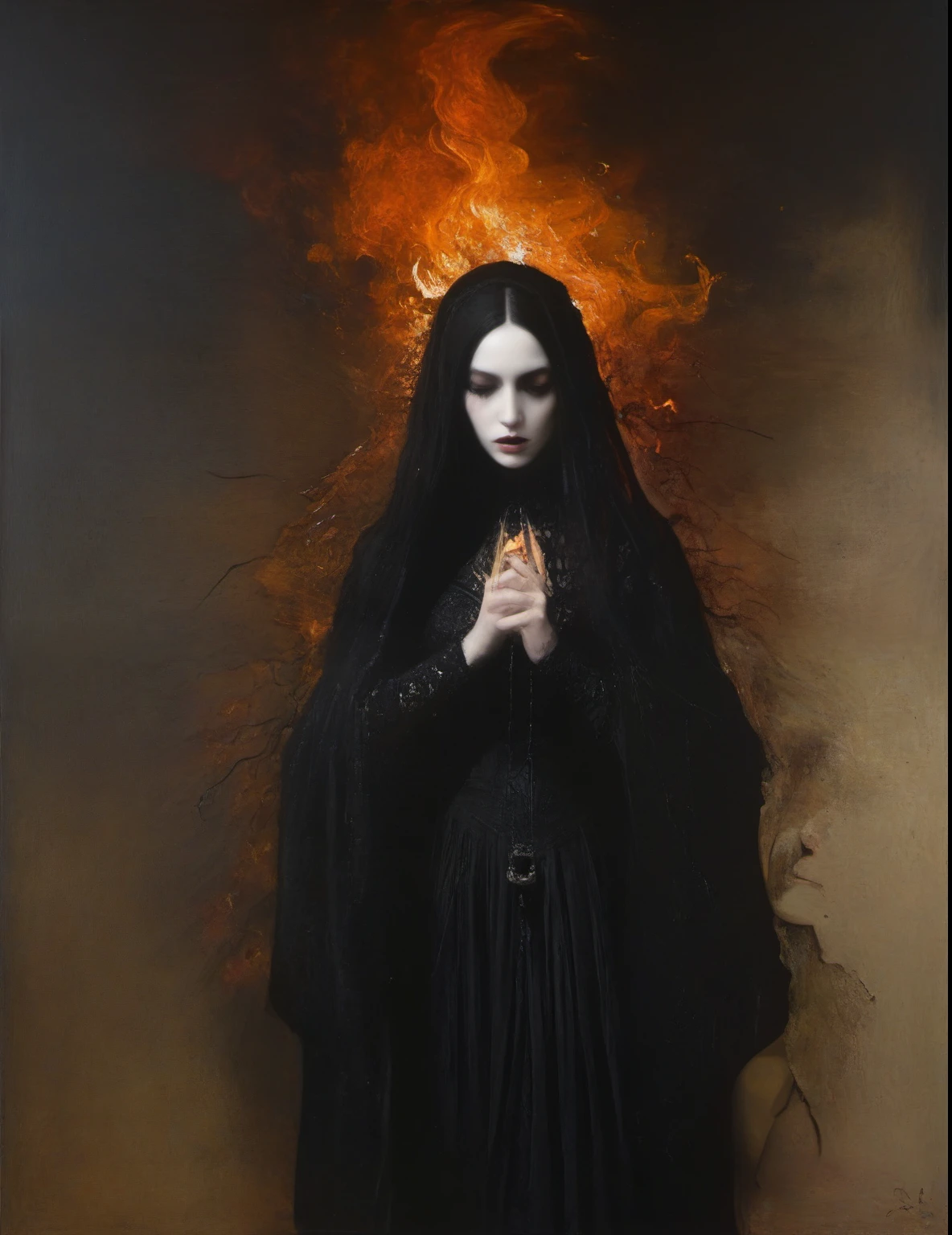 James Gurney, Surrealist art , dream-like, Mysterious, Provocative, symbolic, Complex, detailed,, (Gothic but very beautiful:1.4), (masterpiece, highest quality:1.4) , Nicola Samori Style, fire
