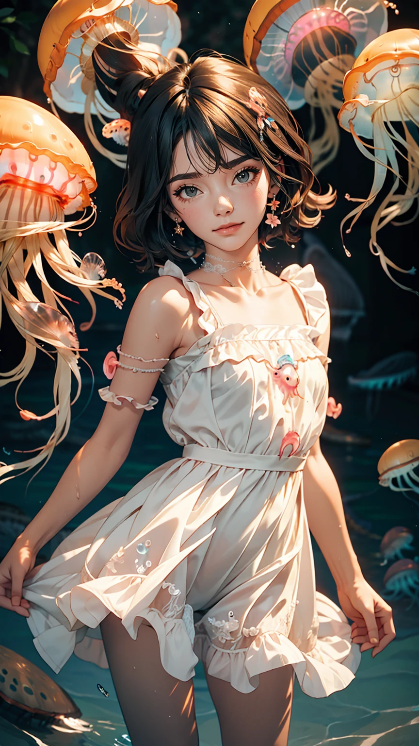 cute女の子、Yeah,Flat Chest,cute,(Jellyfish Girl:1.2), Put your arms behind your back,In the water,Ruffled Dress,sexy