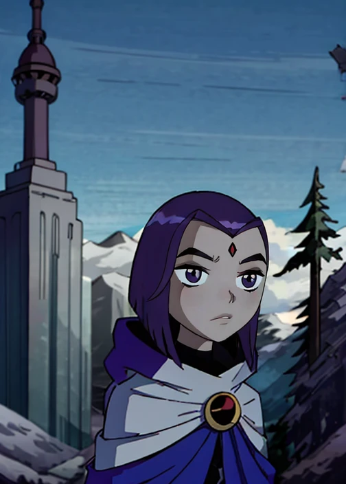 white raven, 1girl, solo, short hair, purple hair, hood, cape, colored skin, cloak, grey skin, forehead jewel, forest, upper body