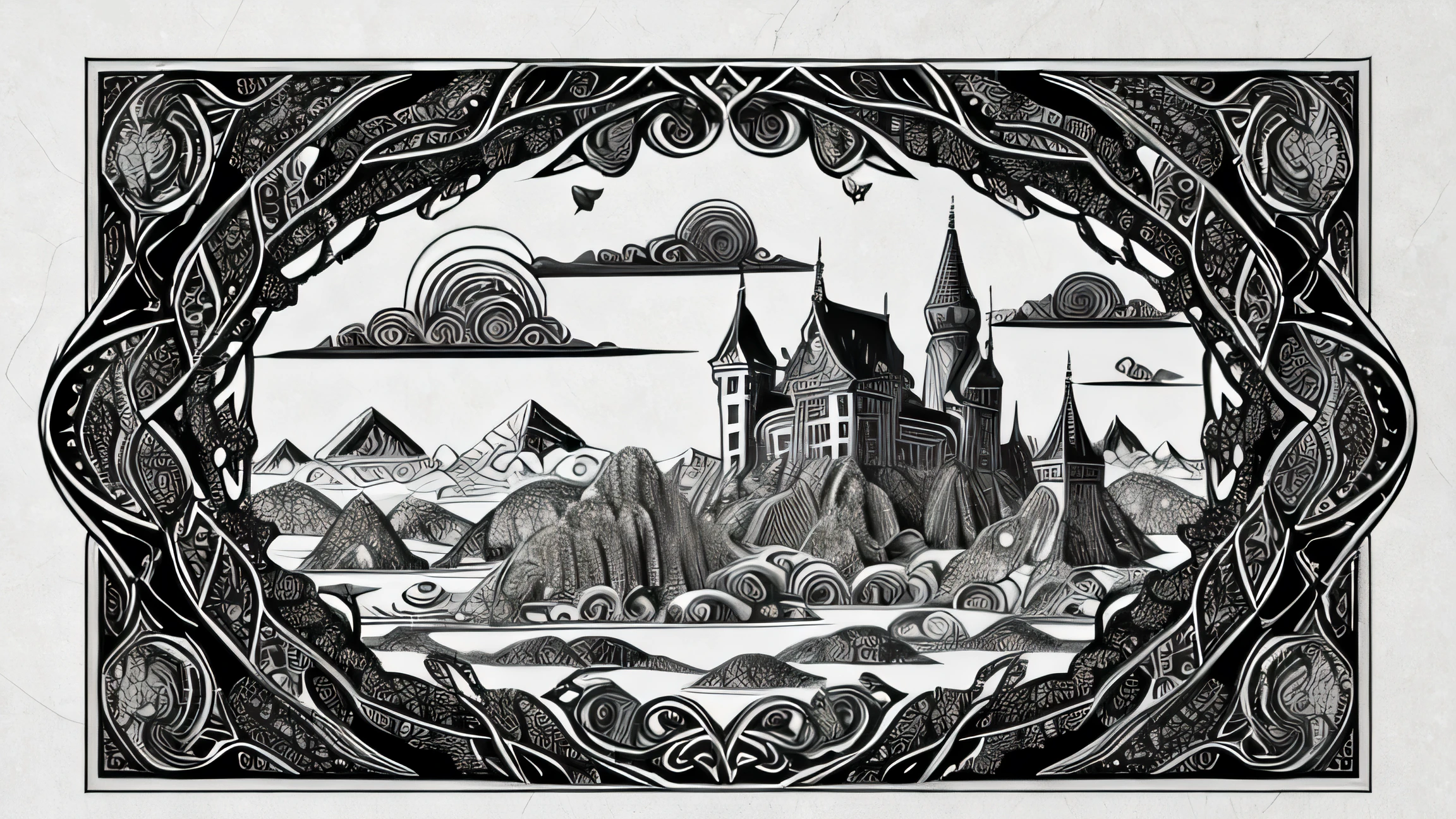 entangle art depicting a fantastical landscape with repetitive patterns forming castles, dragons, and mythical creatures. The design blends fantasy elements with the meditative qualities of Zentangle. Black and white line art with intricate details.Additional Settings: [High detail], [Black and white], [Fantasy theme], [Intricate patterns], [Whimsical]