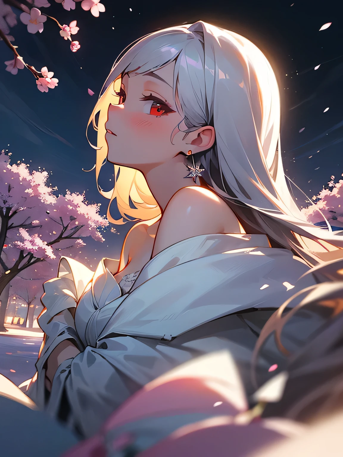 sideview, solo, close up face, looking at viewer, silver color long thin curly hair, off shoulder, white European wedding dress, detailed decoration, red luxury earrings, red eyes, sensual, looking up at the night sky, expression that wants to say something , cherry tree, park, night sky, cherry blossom snowstorm, mysterious,