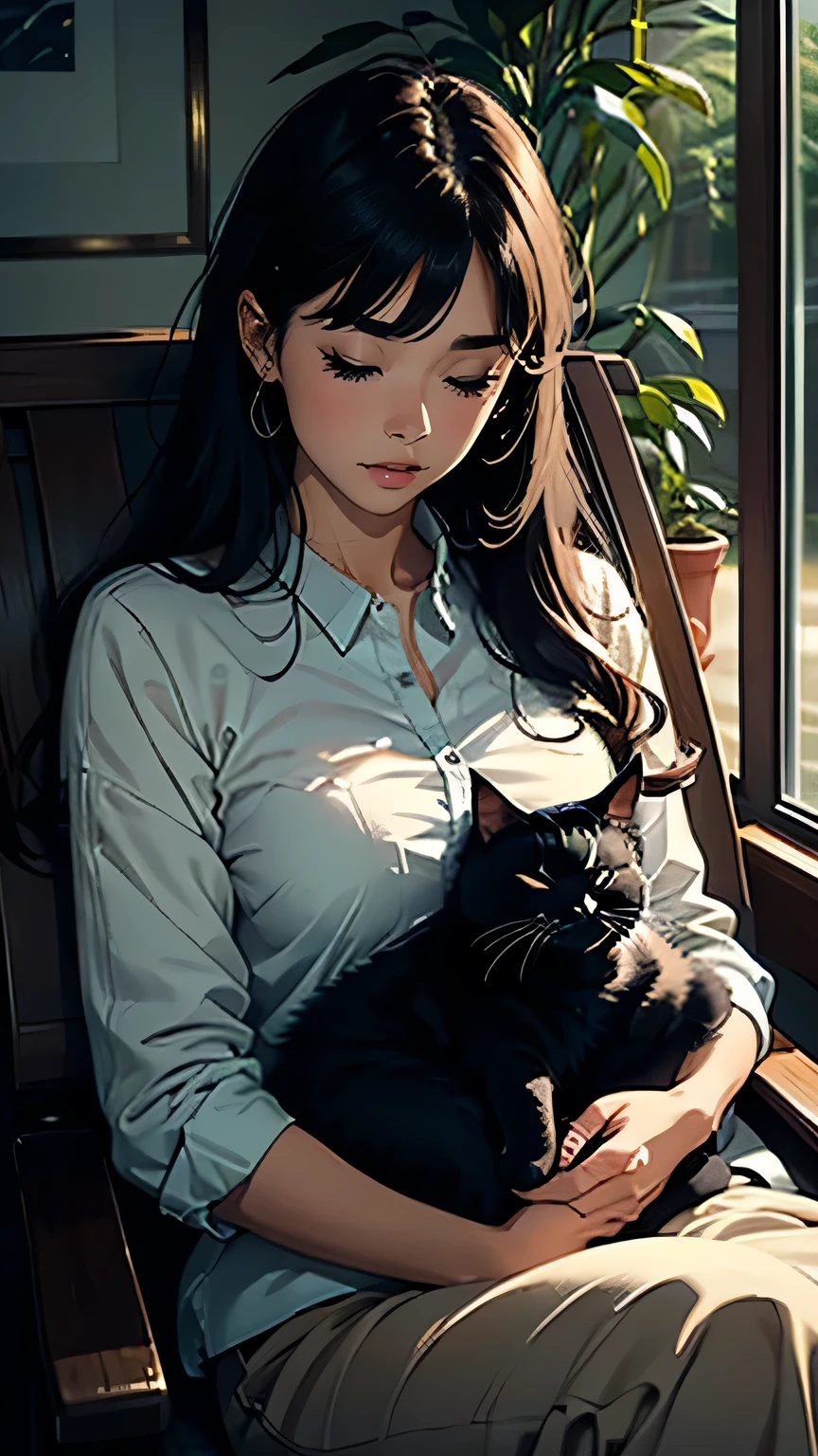 A woman with a cat on her lap, Age 25, Watching a sleeping cat