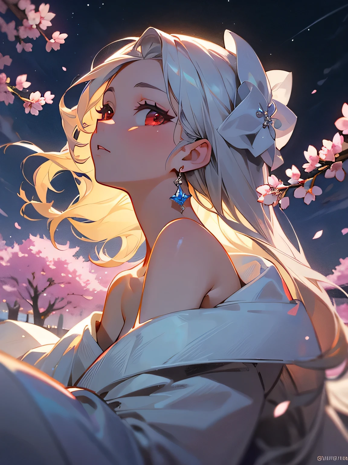 sideview, solo, close up face, looking at viewer, silver color long thin curly hair, off shoulder, white European wedding dress, detailed decoration, red luxury earrings, red eyes, sensual, looking up at the night sky, expression that wants to say something , cherry tree, park, night sky, cherry blossom snowstorm, mysterious,