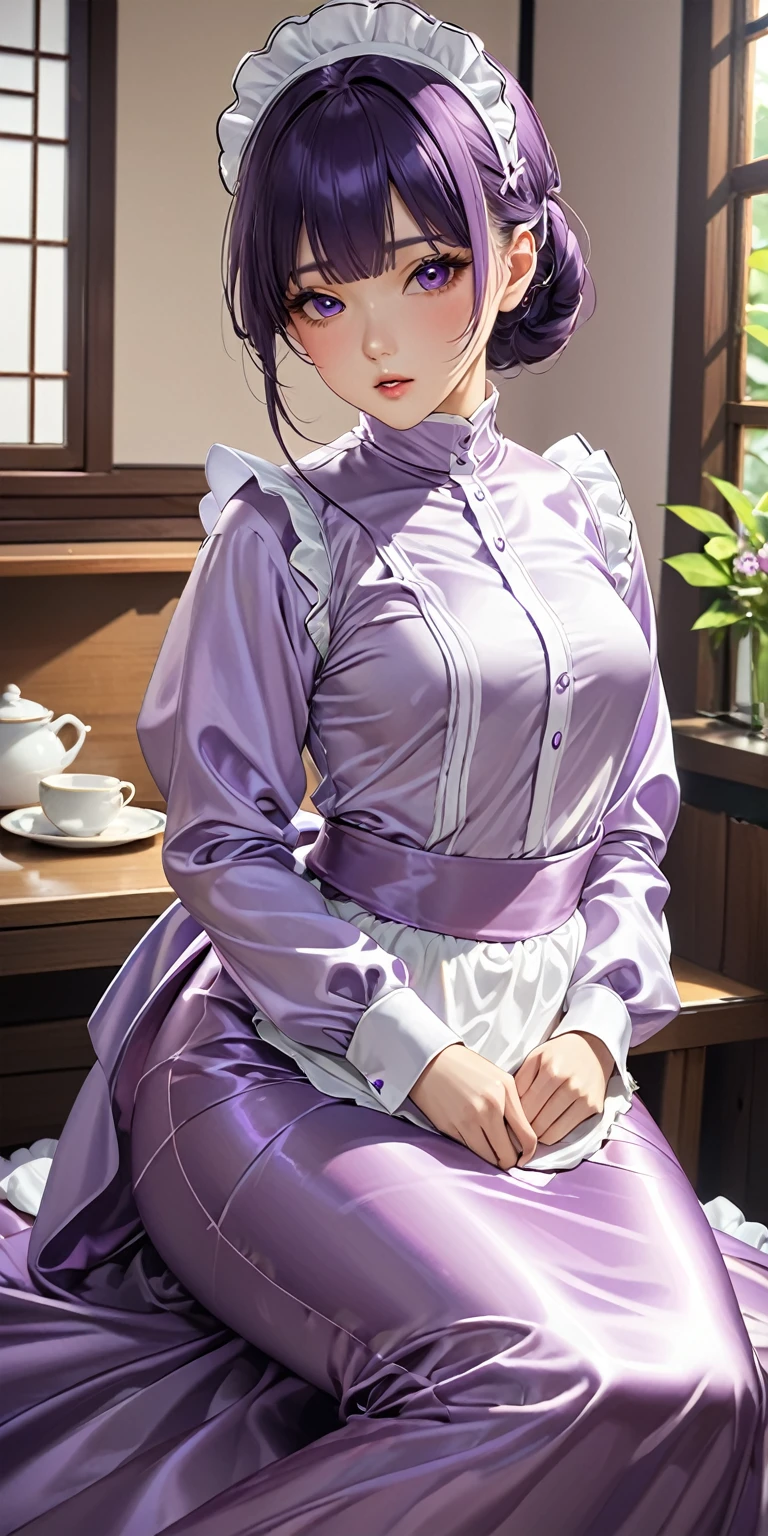 (masterpiece,highest quality,超A high resolution),Japanese women, (((Very beautiful 25 year old girl))), pretty girl、The maid uniform completely covers the whole body....、(Shiny light purple long sleeve maid dress)、High neck maid shirt、The upper body is completely covered by a satin shirt、Mermaid-style long skirt、Super glossy satin