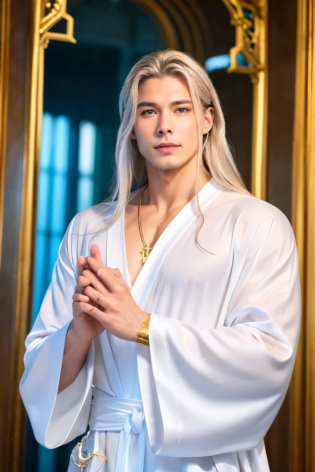 height:190cm body type:Muscular and well-proportioned body • Hair:Long silver hair • Eyes:Deep Blue Eyes • Skin:Clear white skin • Clothing:White and gold long robe • Decoration:Gold pendant and silver bracelet • Expression:Gentle Smile • Aura:A faint light drifts