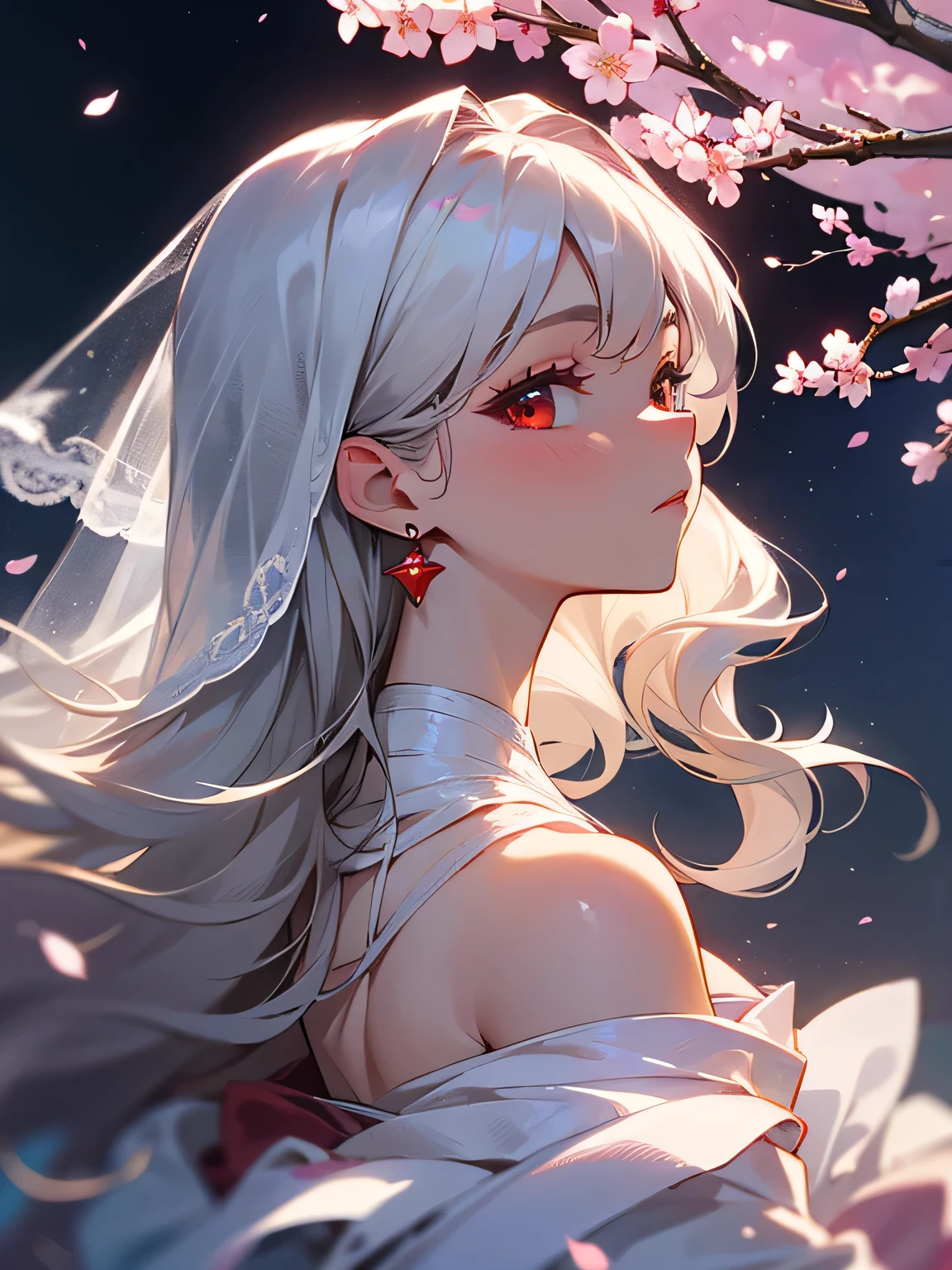 sideview, solo, close up face, looking at viewer, silver color long thin curly hair, off shoulder, white European wedding dress, detailed decoration, red luxury earrings, red eyes, sensual, looking up at the night sky, expression that wants to say something , cherry tree, park, night sky, cherry blossom snowstorm, mysterious,