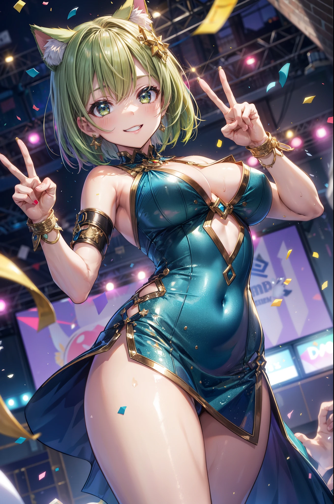 ((Party Dresses)), break, short hair, ((green hair1.5)), (cat ears a green), bob cut, (((4 defined fingers))), (((1 defined thumb))), (looking at viewer), break, sexy, ((solo)), (1 cute girl), ((highest quality)), ((masterpiece)), (familiar), skindentation, perfect face, 8k , break, black eye, medium breasts, perfect limbs, (visible nipples:0.9), (camel toe:0.5), sexy, (sexy pose), (dutch angle), from below, dynamic pose, deltamon, (Birthday Venue), ((metallic costume)), (fearless smile), ((peace sign)), (Confetti is falling),