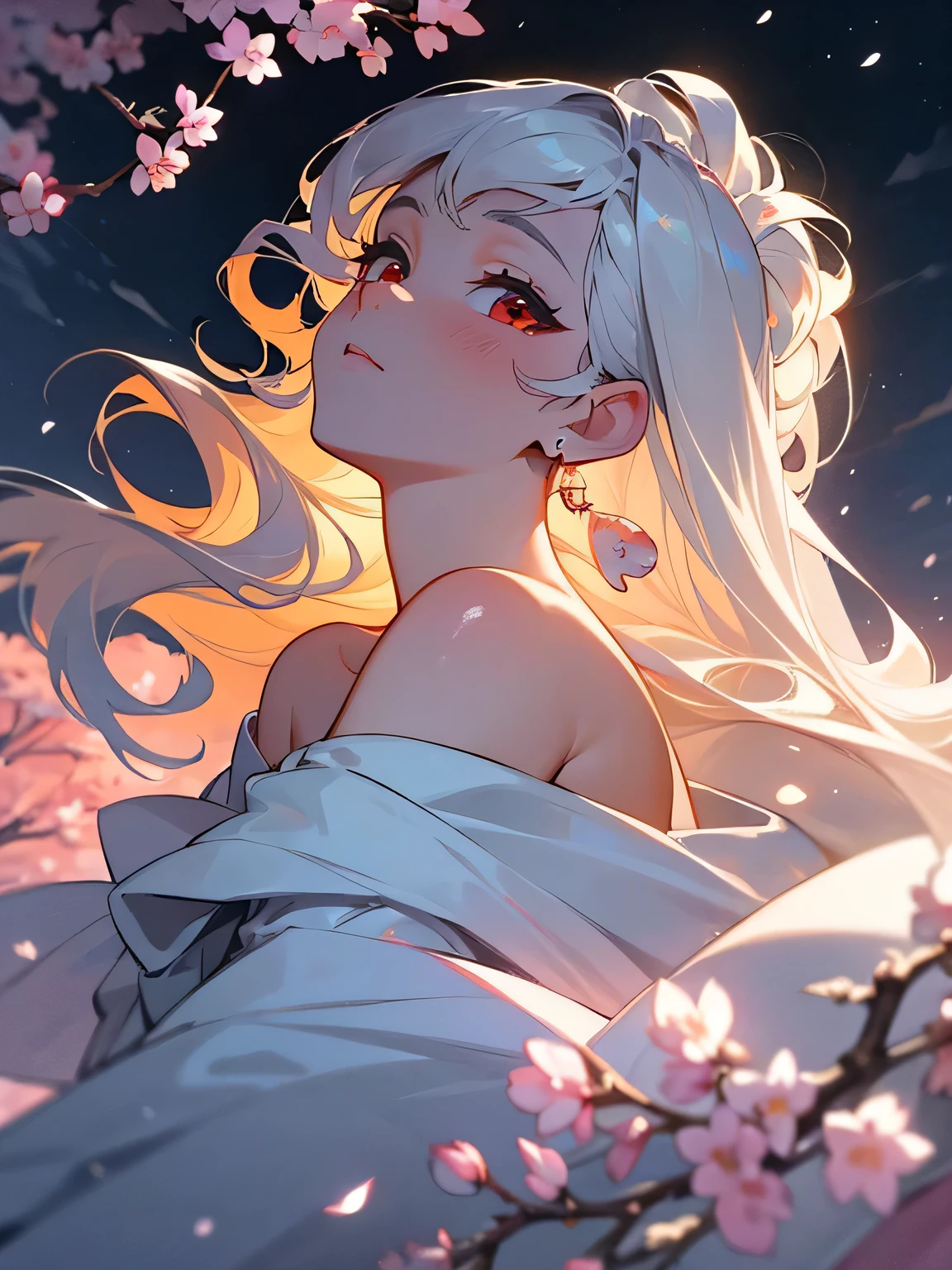 sideview, solo, close up face, looking at viewer, silver color long thin curly hair, off shoulder, white European wedding dress, detailed decoration, red luxury earrings, red eyes, sensual, looking up at the night sky, expression that wants to say something , cherry tree, park, night sky, cherry blossom snowstorm, mysterious,