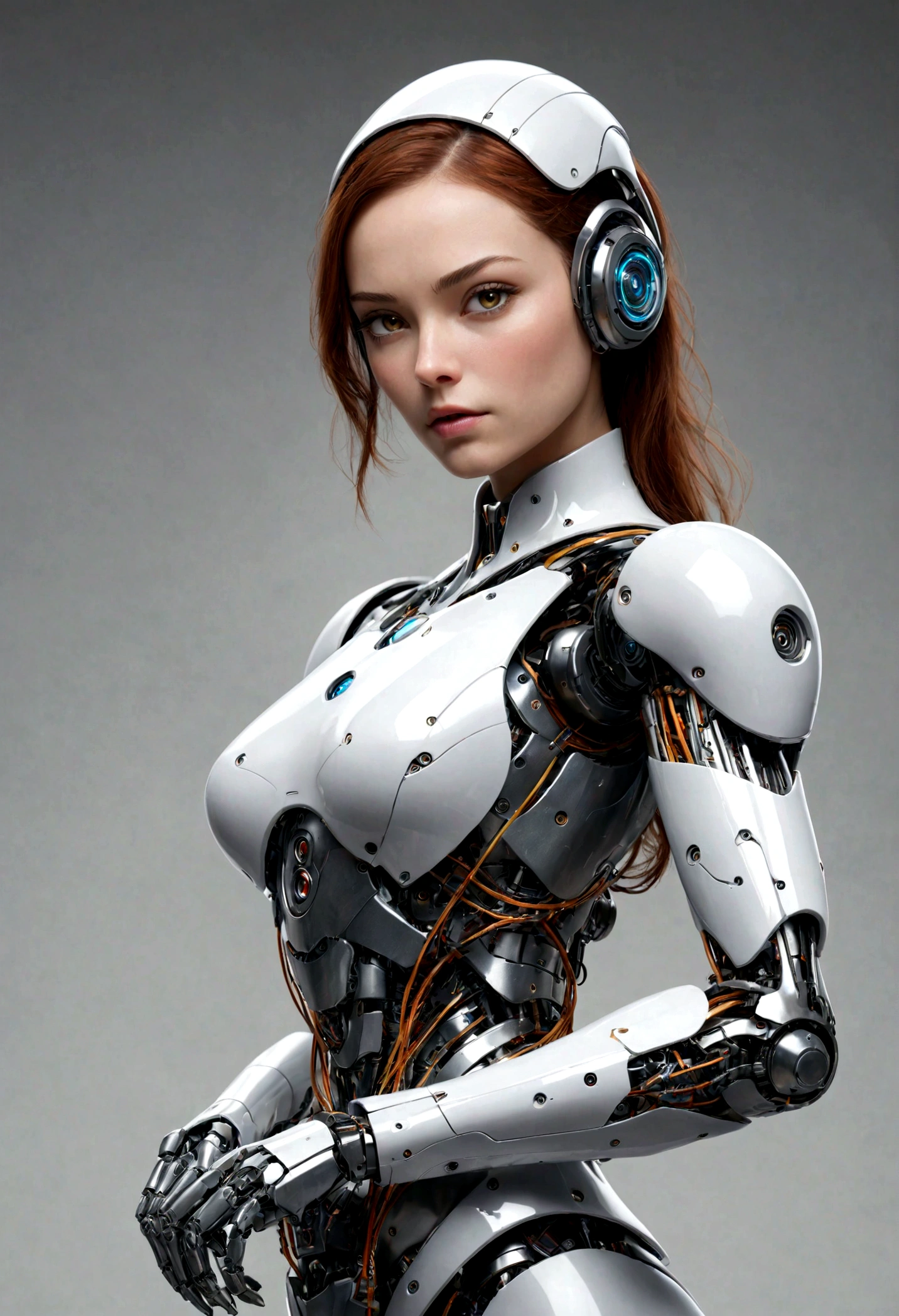 _un_hermoso rostro de_porcelana_mujer, cuerpo_completo de_androide, cyborg , partes roboticas.