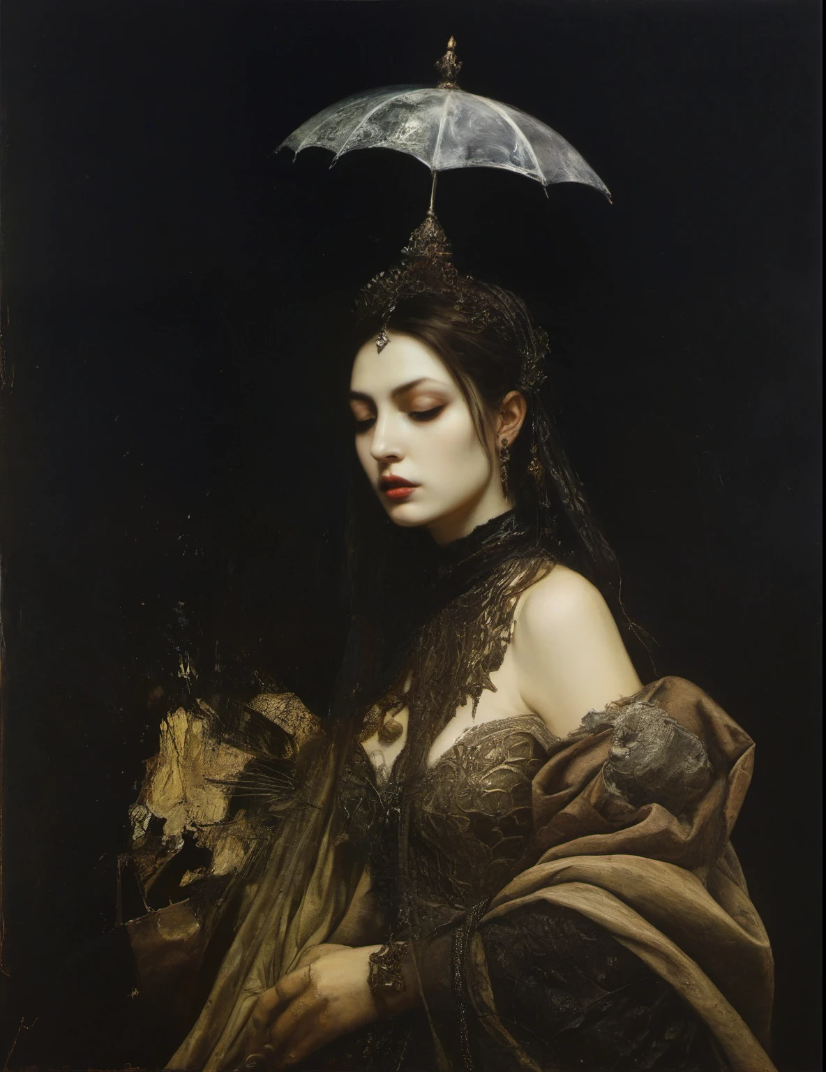 James Gurney, Surrealist art , dream-like, Mysterious, Provocative, symbolic, Complex, detailed,, (Gothic but very beautiful:1.4), (masterpiece, highest quality:1.4) , Nicola Samori Style, Decadence