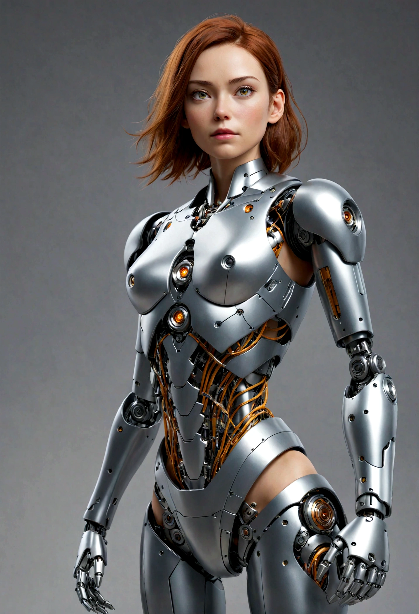 body, body, woman, Ultra-realistic, robot, cyborg, Plain background, Stands facing the spectators, super high quality, Metal, Dressed, (View your viewers)