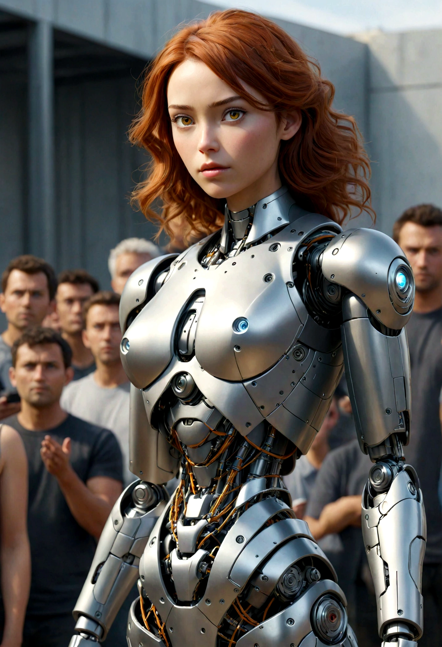 body, body, woman, Ultra-realistic, robot, cyborg, Plain background, Stands facing the spectators, super high quality, Metal, Dressed, (View your viewers)