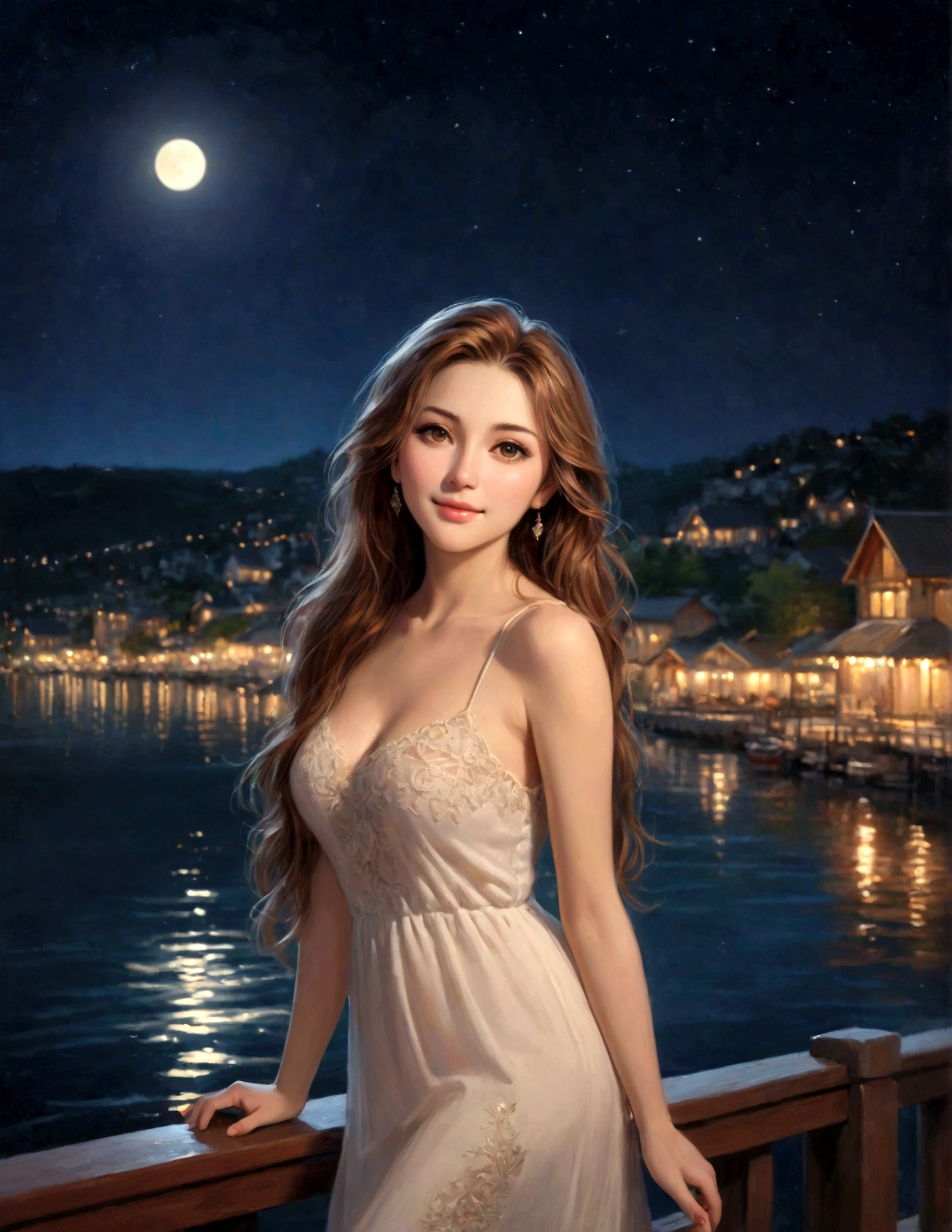 best quality, ultra-detailed, an extremely delicate and beautiful, depth of field, ultra high res, (photorealistic:1.4), 1 milf, long hair, casual wear, cute, lakeside, (night:1.5)