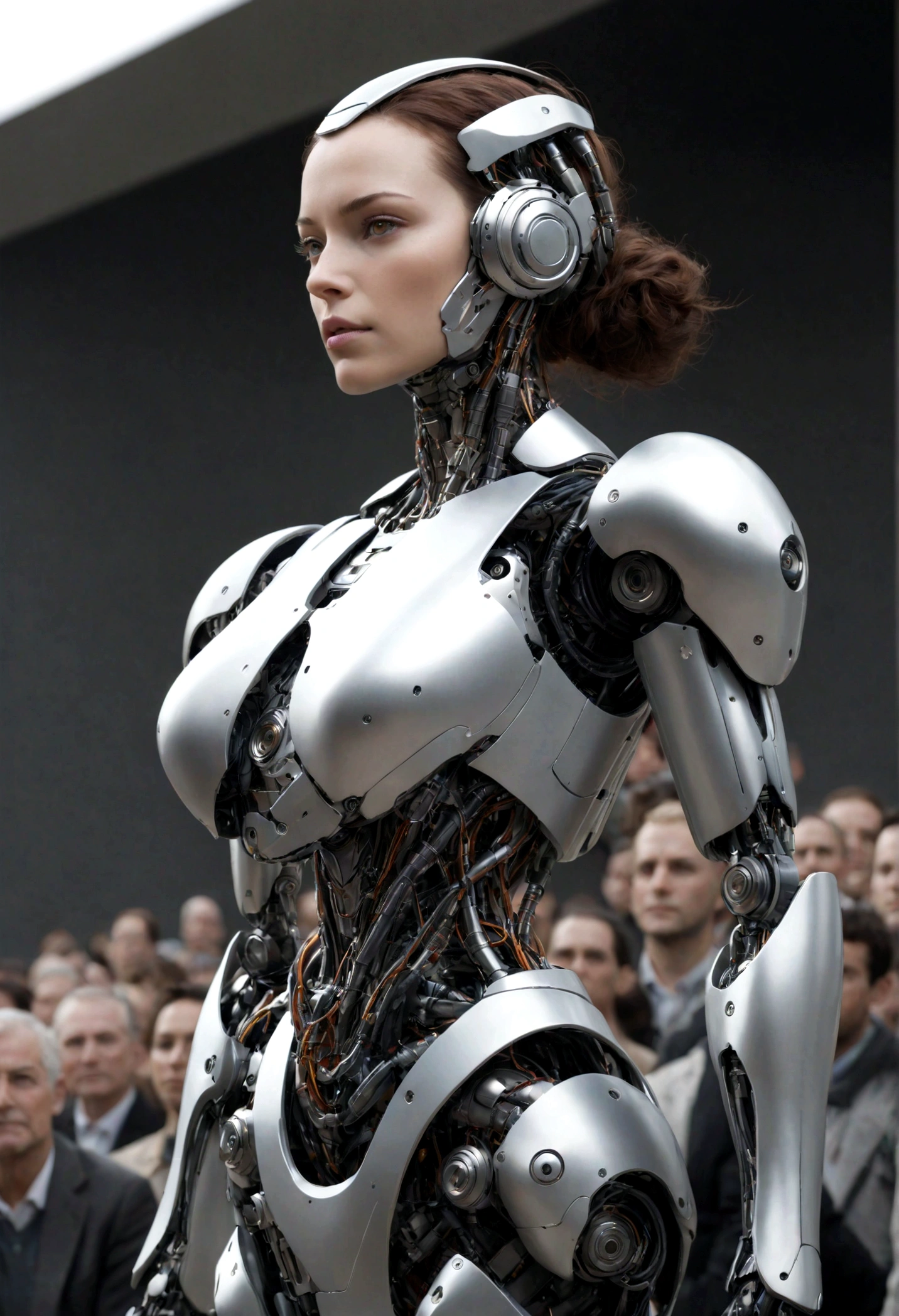 body, body, woman, Ultra-realistic, robot, cyborg, Plain background, Stands facing the spectators, super high quality, Metal, Dressed, (View your viewers)
