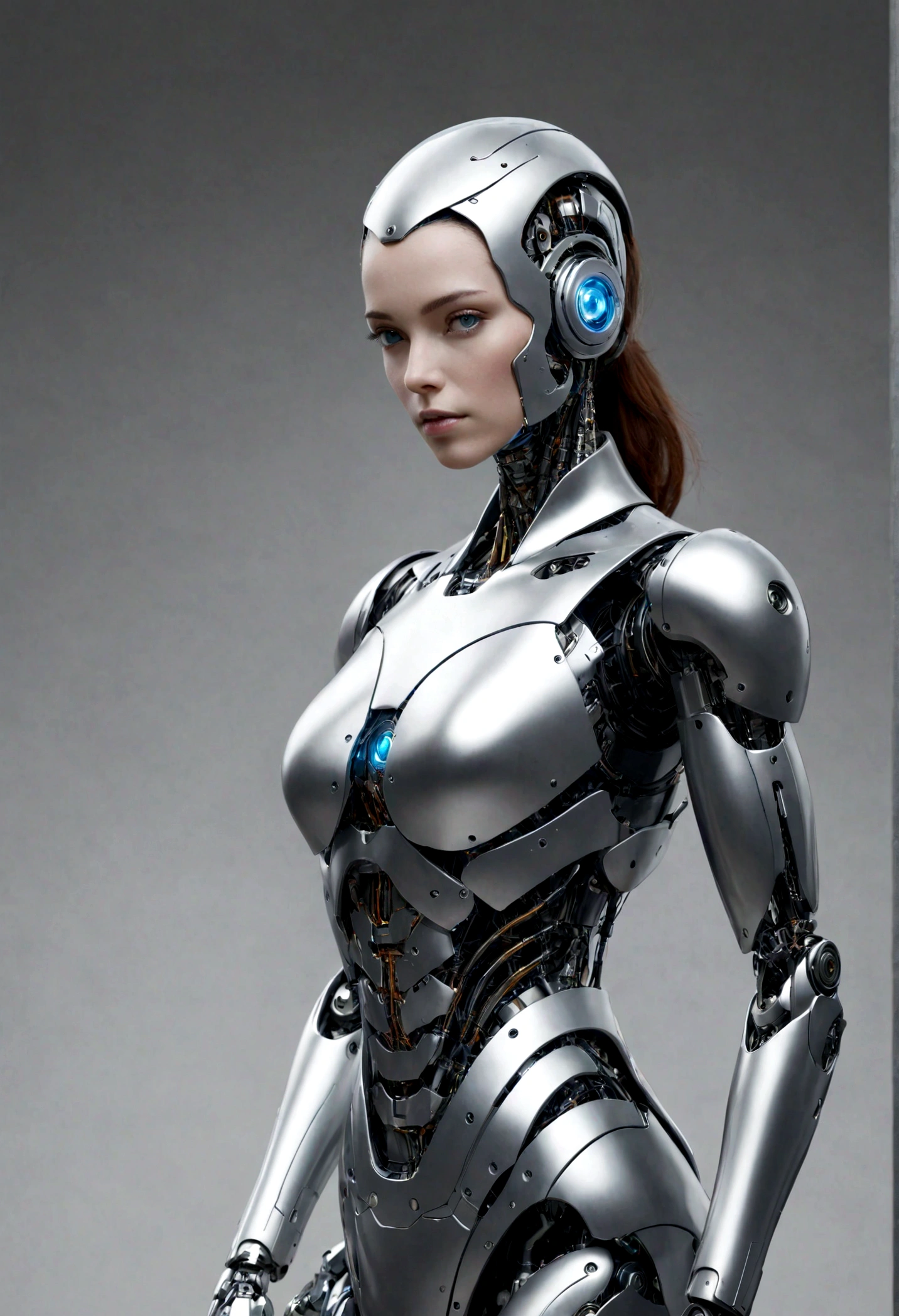 body, body, woman, Ultra-realistic, robot, cyborg, Plain background, Stands facing the spectators, super high quality, Metal, Dressed, (View your viewers)