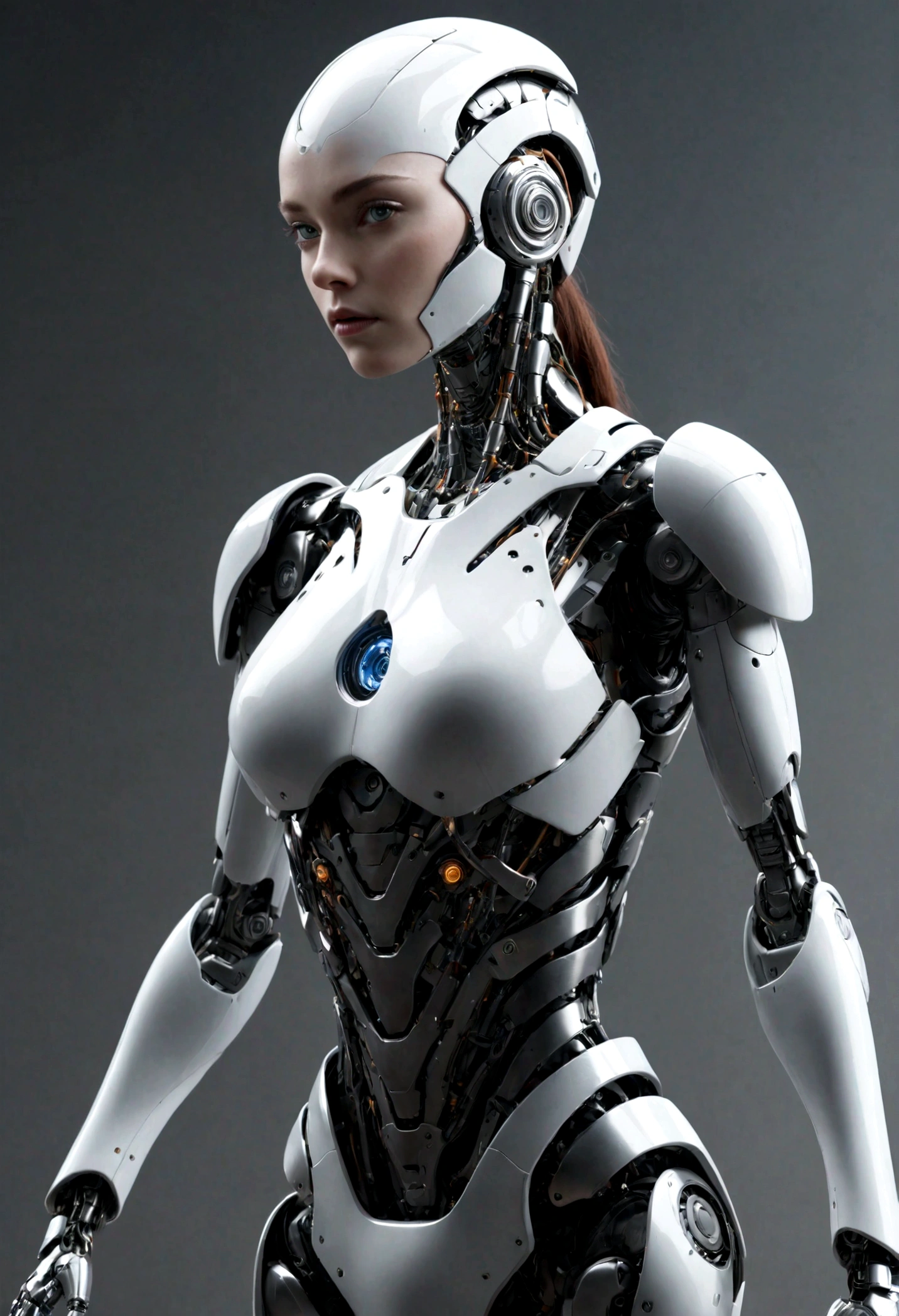 body, body, woman, Ultra-realistic, robot, cyborg, Plain background, Stands facing the spectators, super high quality, Metal, Dressed, (View your viewers)