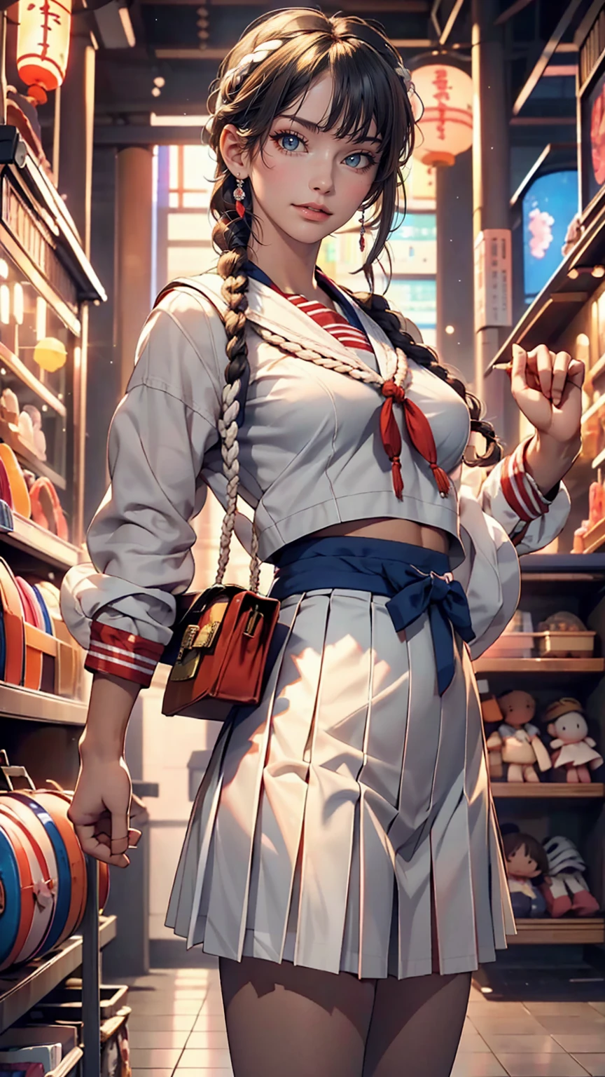 Japanese women、high school girl、A sheer white sailor suit for summer wear、Multi braid((multiple braids))、A sheer navy low-rise pleated skirt、I can see my belly button、White socks、loafers、Carrying a school bag、In front of the UFO catcher at the arcade