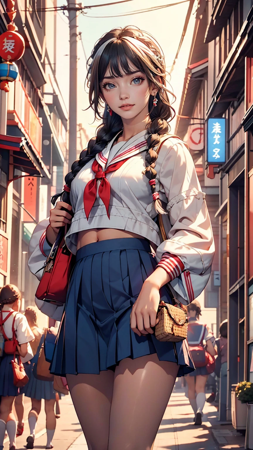 Japanese women、high school girl、A sheer white sailor suit for summer wear、Multi braid((multiple braids))、A sheer navy low-rise pleated skirt、I can see my belly button、White socks、loafers、Carrying a school bag、In front of the UFO catcher at the arcade