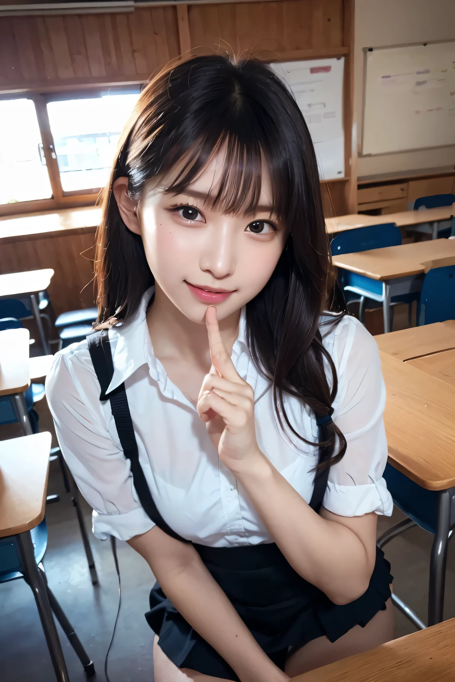 ((exam:1.3)), , skin color, big , smile, (8k, RAW photo, highest quality, masterpiece:1.2), masterpiece, super detailed, super high quality, (realistic photo:1. 37), high resolution RAW color photo, very delicate and beautiful, highly detailed, 8k wallpaper, amazing, detailed, very eyes, very detailed, very detailed skin, very slender fingers, very detailed nose, very detailed mouth, perfect anatomy, upper body, transparency, Idol, Korean idol, carving idol pose, 18 years old, cheap, classroom, exam hall, Italy, Australia, breaking ((upper eye)), ((angle from above: 1. 3)), from above, looking into the camera,lure