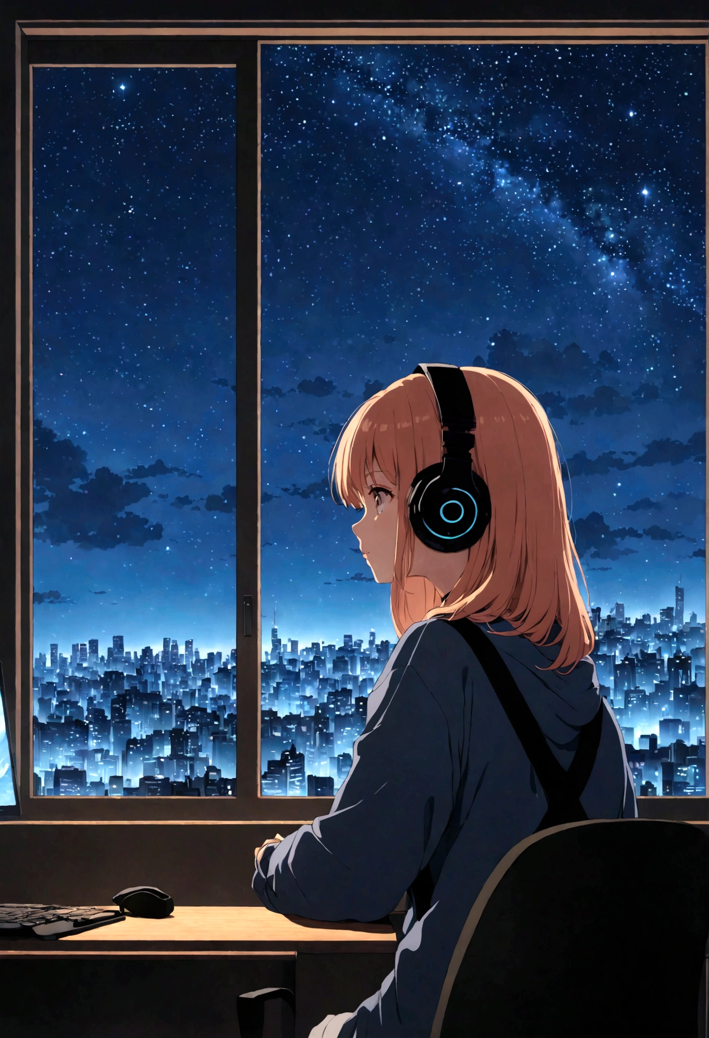 (8K,highest quality, Ultra-high resolution:1.5, masterpiece:1.3),Anime girl sitting at a desk with headphones and computer on, Anime Style8k, anime art wallpaper 8k, anime art wallpaper 4k, Lo-fi Girl, Anime Art Wallpapers 8K, Anime Wallpaper 8K, anime wallpaper 4k, Portrait of Rofi, 4k anime wallpaper, Nightcore, Anime atmosphere, Anime Style. 8k, Anime Aesthetics,The window has a night view,Expressing the city night view and starry sky,Image for relaxing Lo-Fi music with a city night view in the background,You can see the silhouette of buildings and the starry sky.,Expressing a calm night atmosphere
